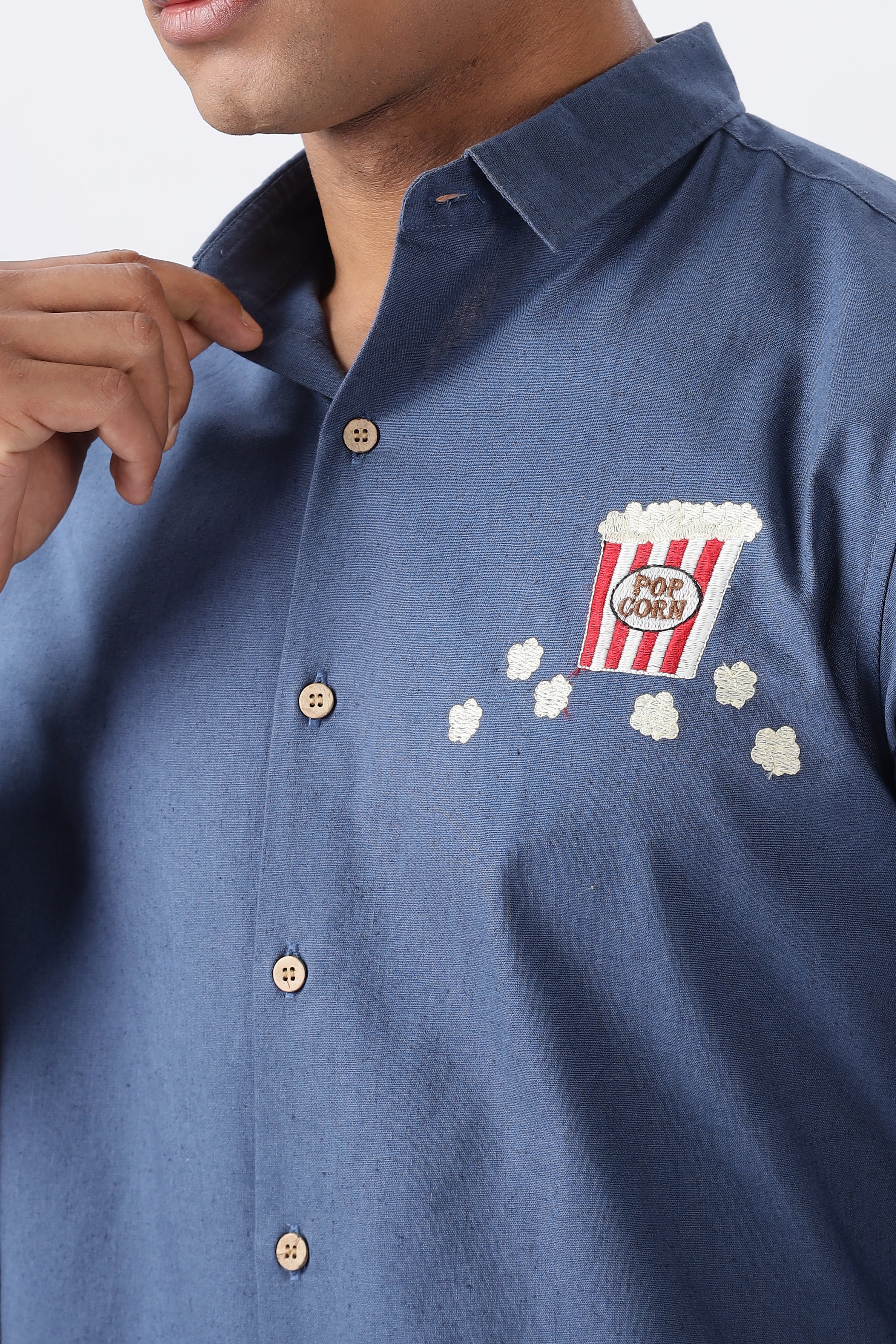 Popcorn & Plot Twists Navy Embroidery Shirt