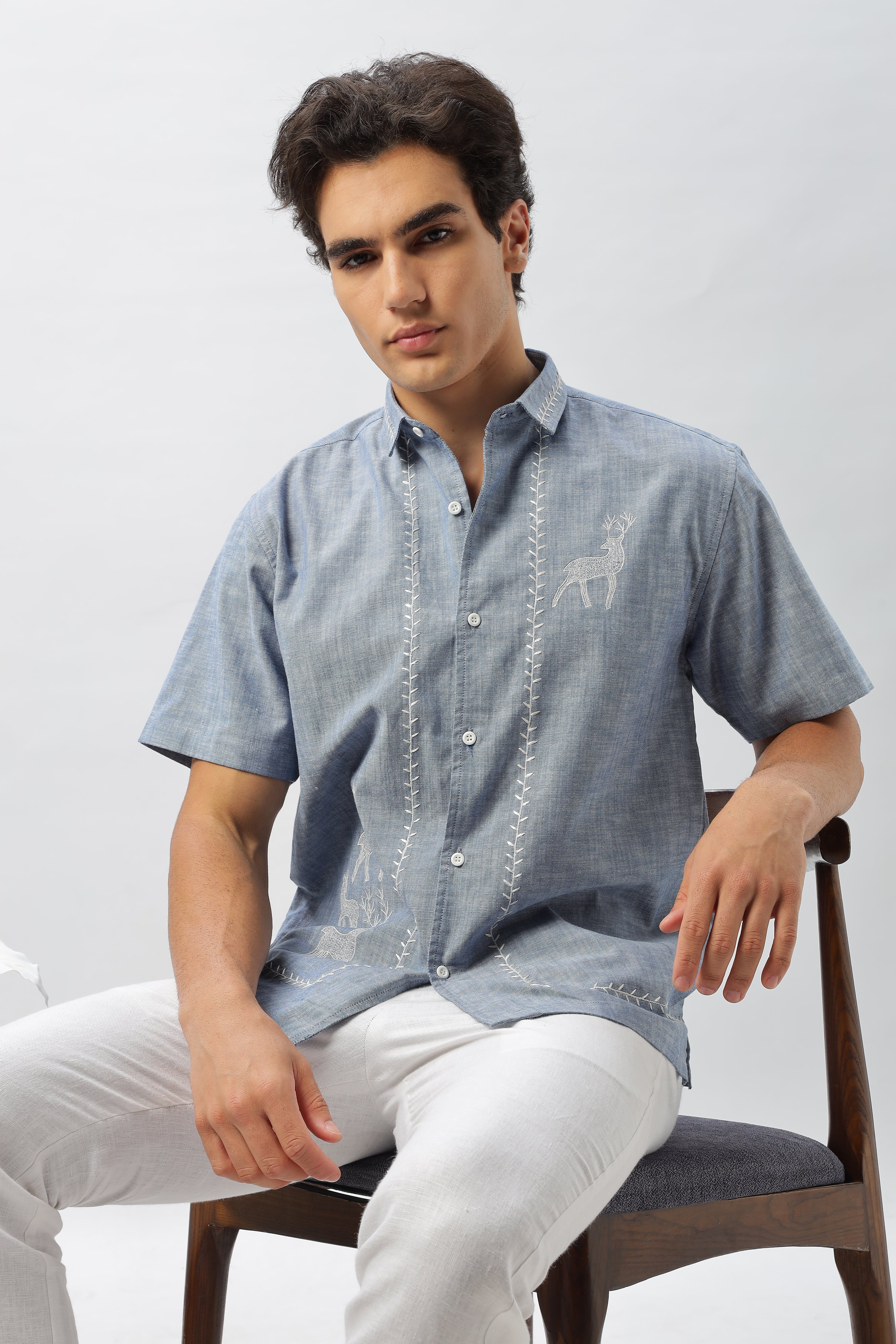 Founder's Fav Deer Embroidery Blue Box Fit Shirt