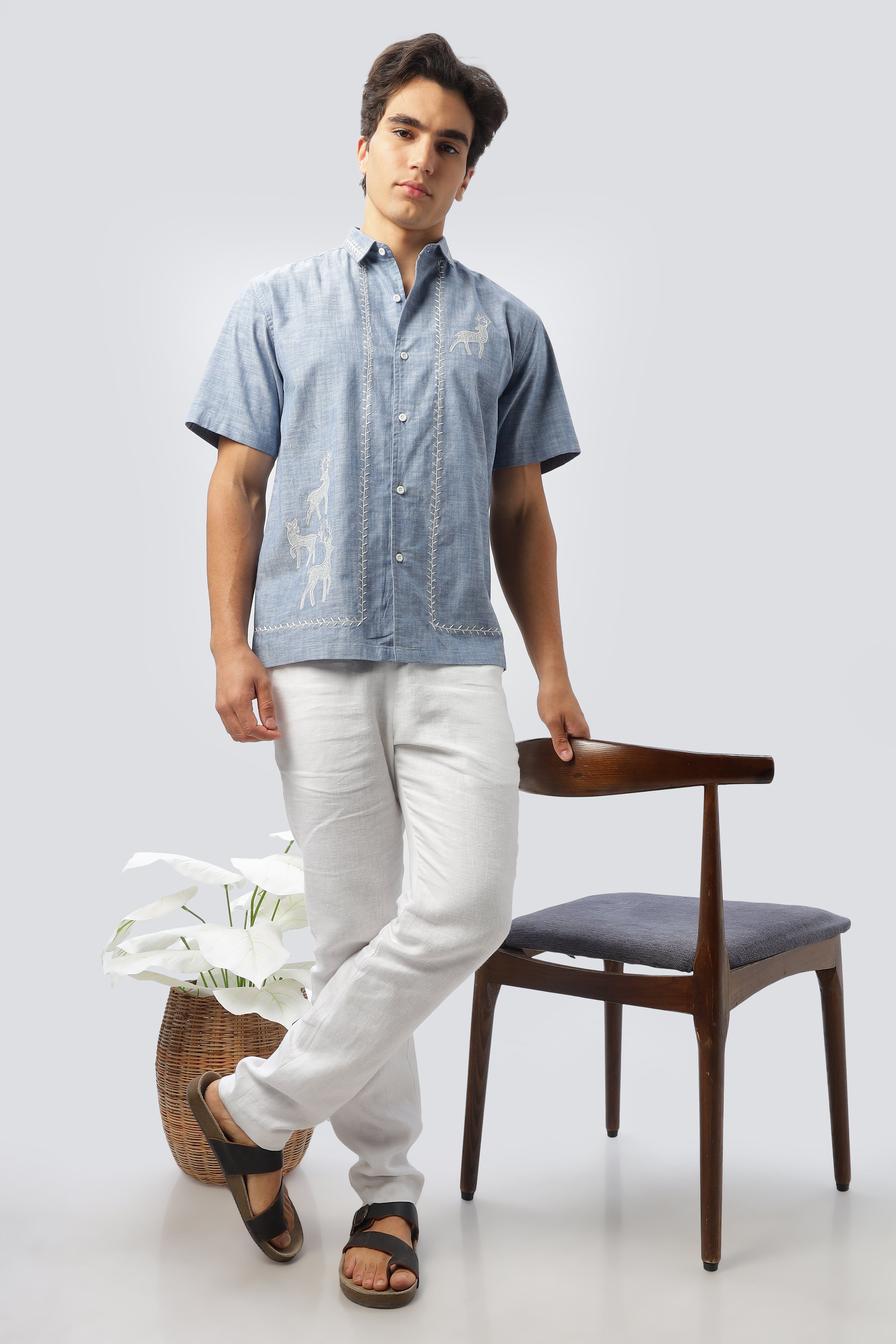Founder's Fav Deer Embroidery Blue Box Fit Shirt