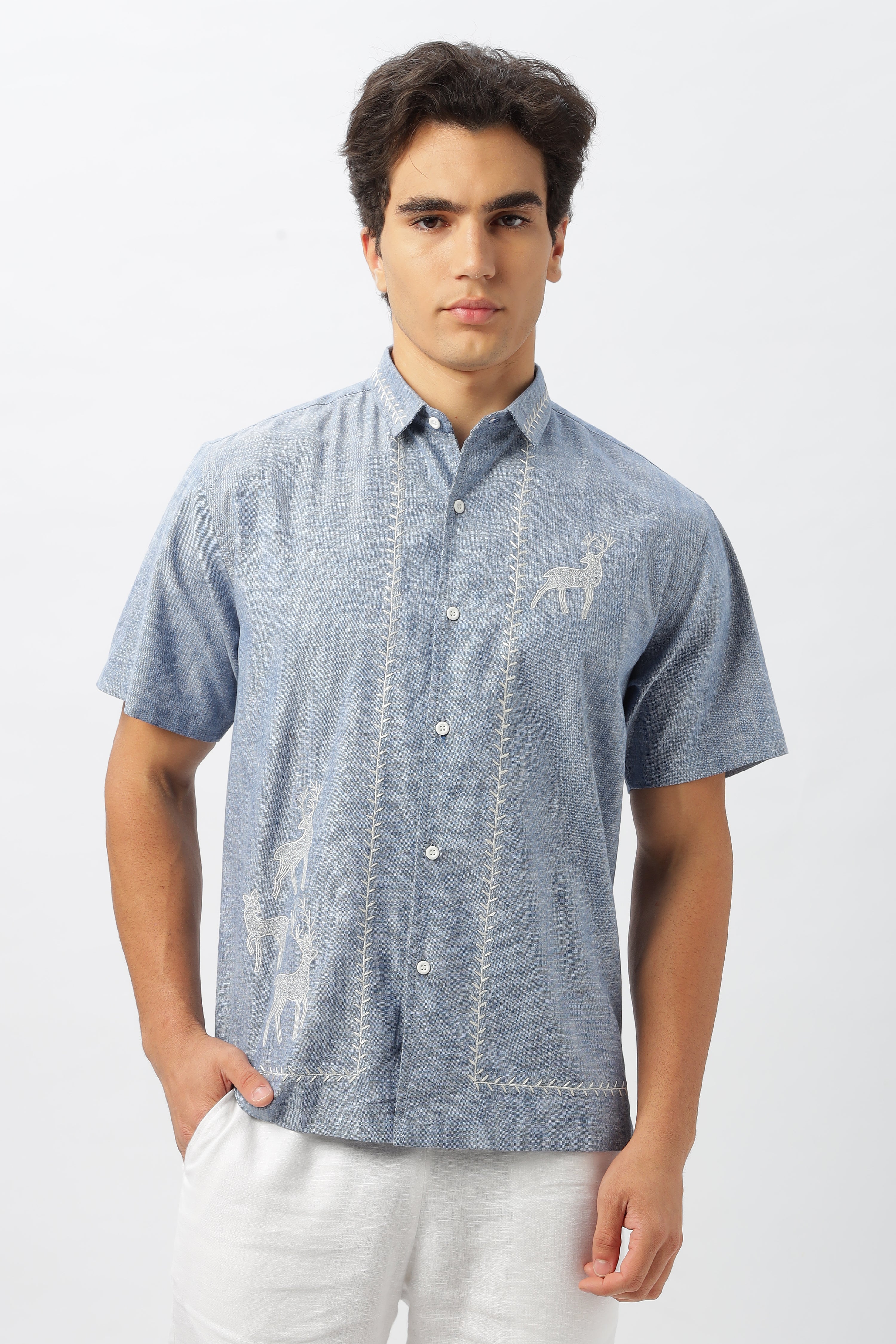 Founder's Fav Deer Embroidery Blue Box Fit Shirt