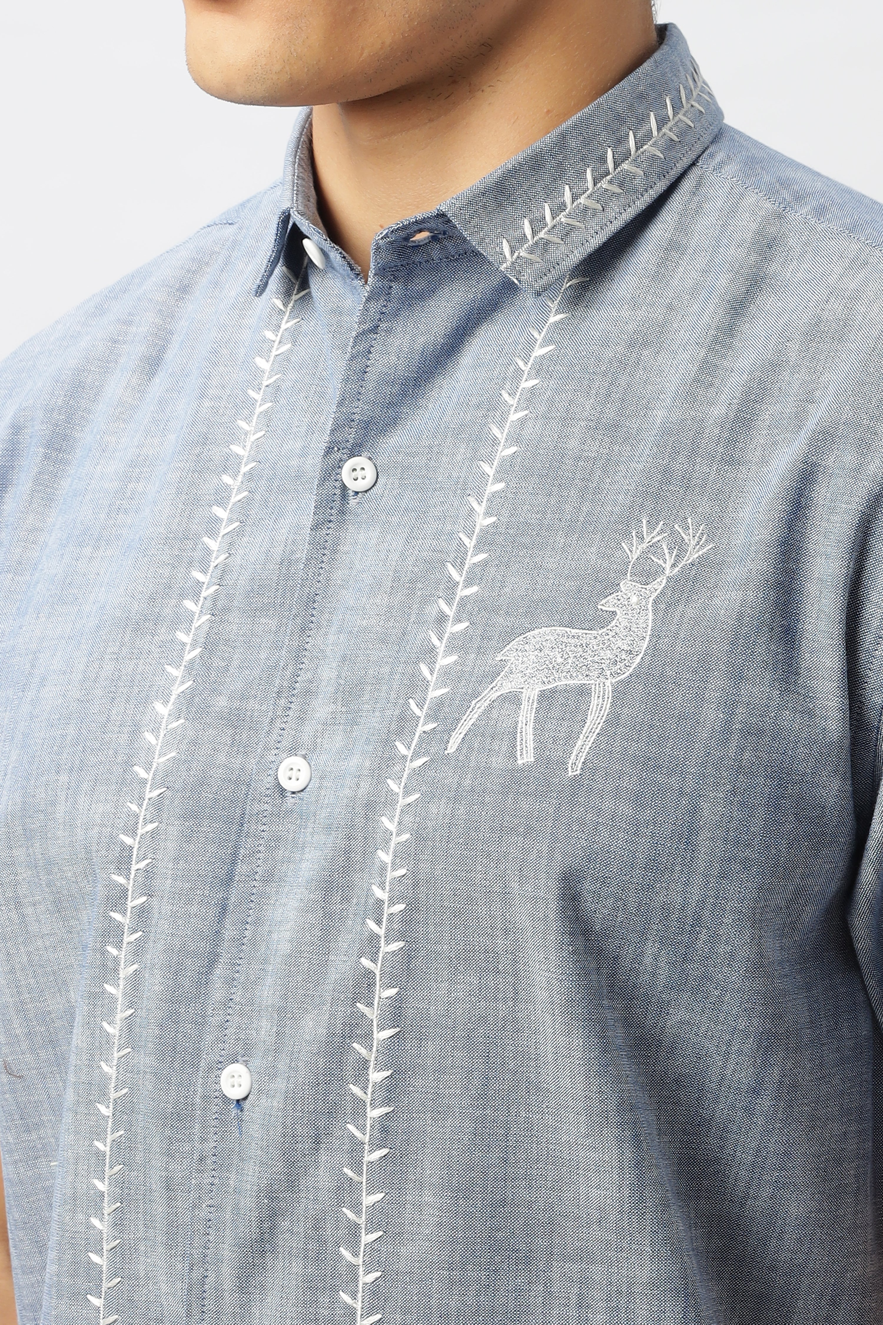 Founder's Fav Deer Embroidery Blue Box Fit Shirt