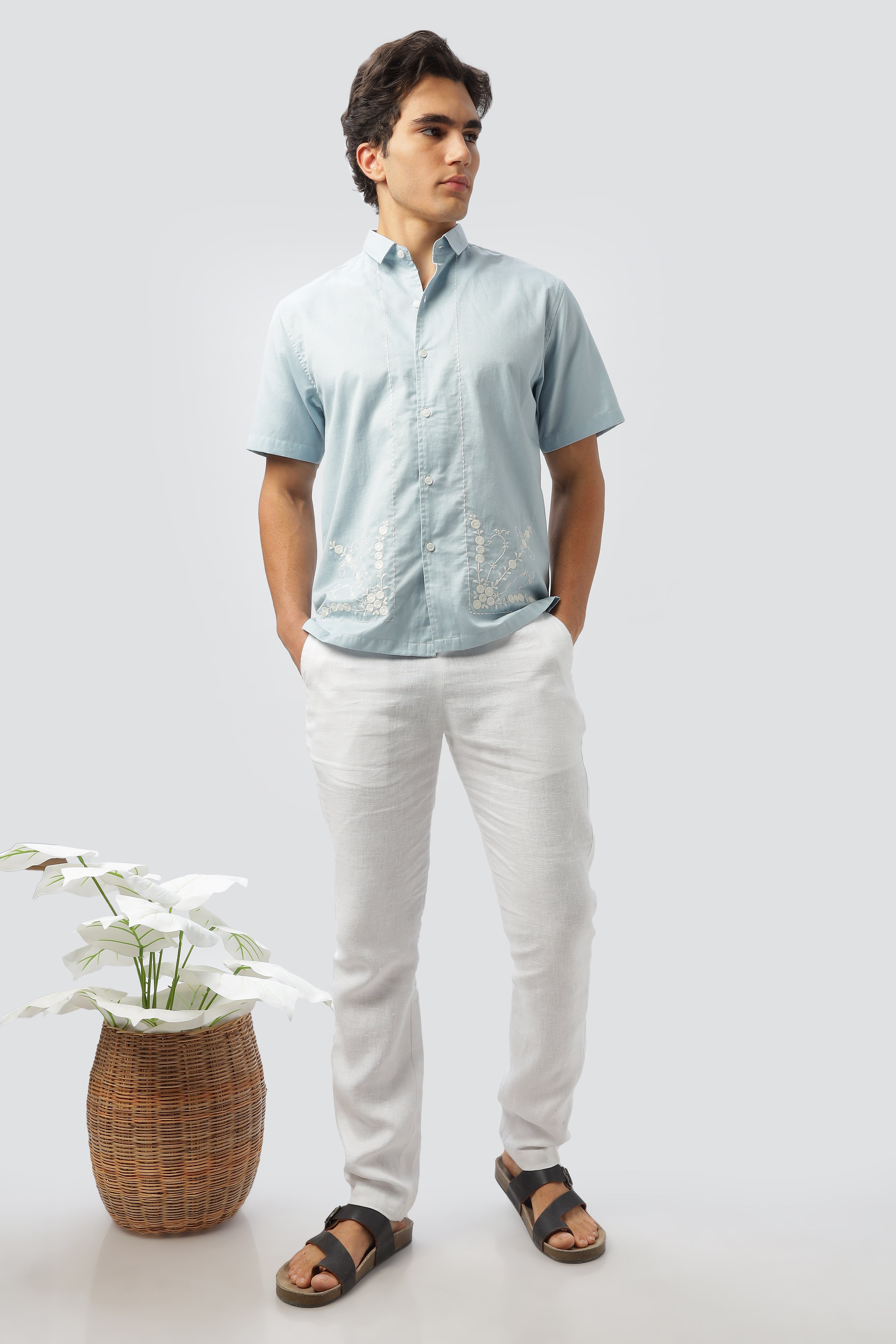 Opulent Floral Embroidered Light Blue Box Fit Shirt Sale