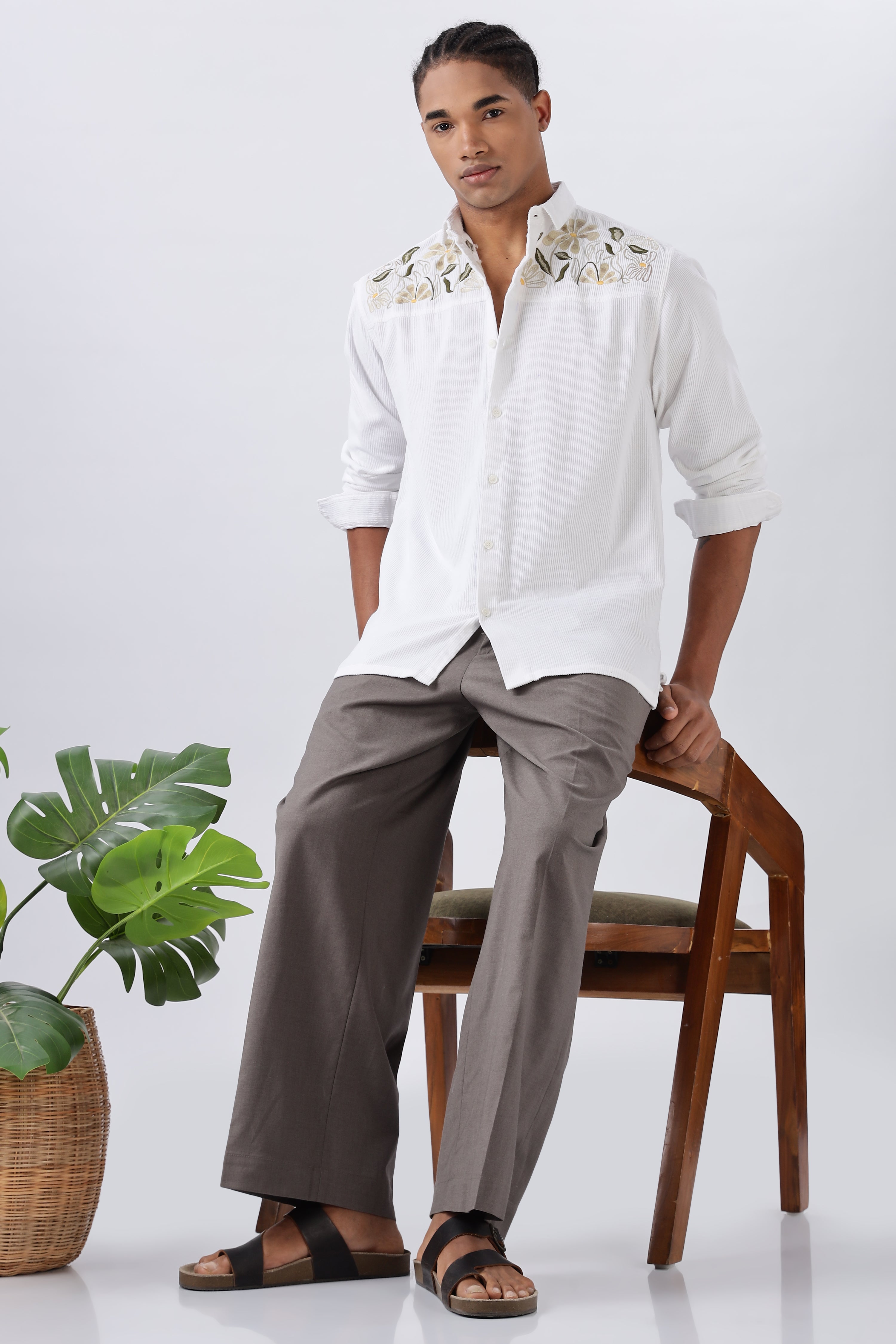 Botanical Bay Embroidery 100% Pure Cord White Shirt