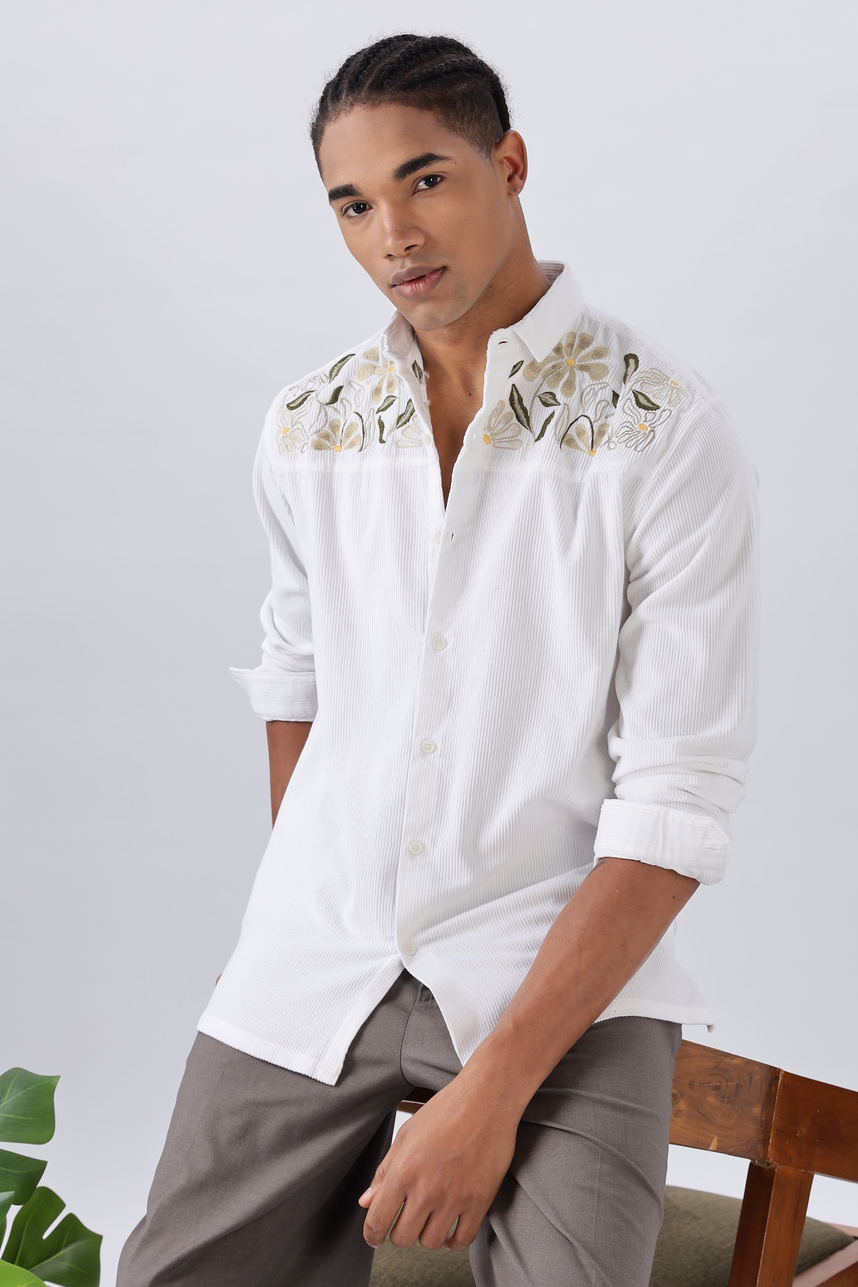 Botanical Bay Embroidery 100% Pure Cord White Shirt
