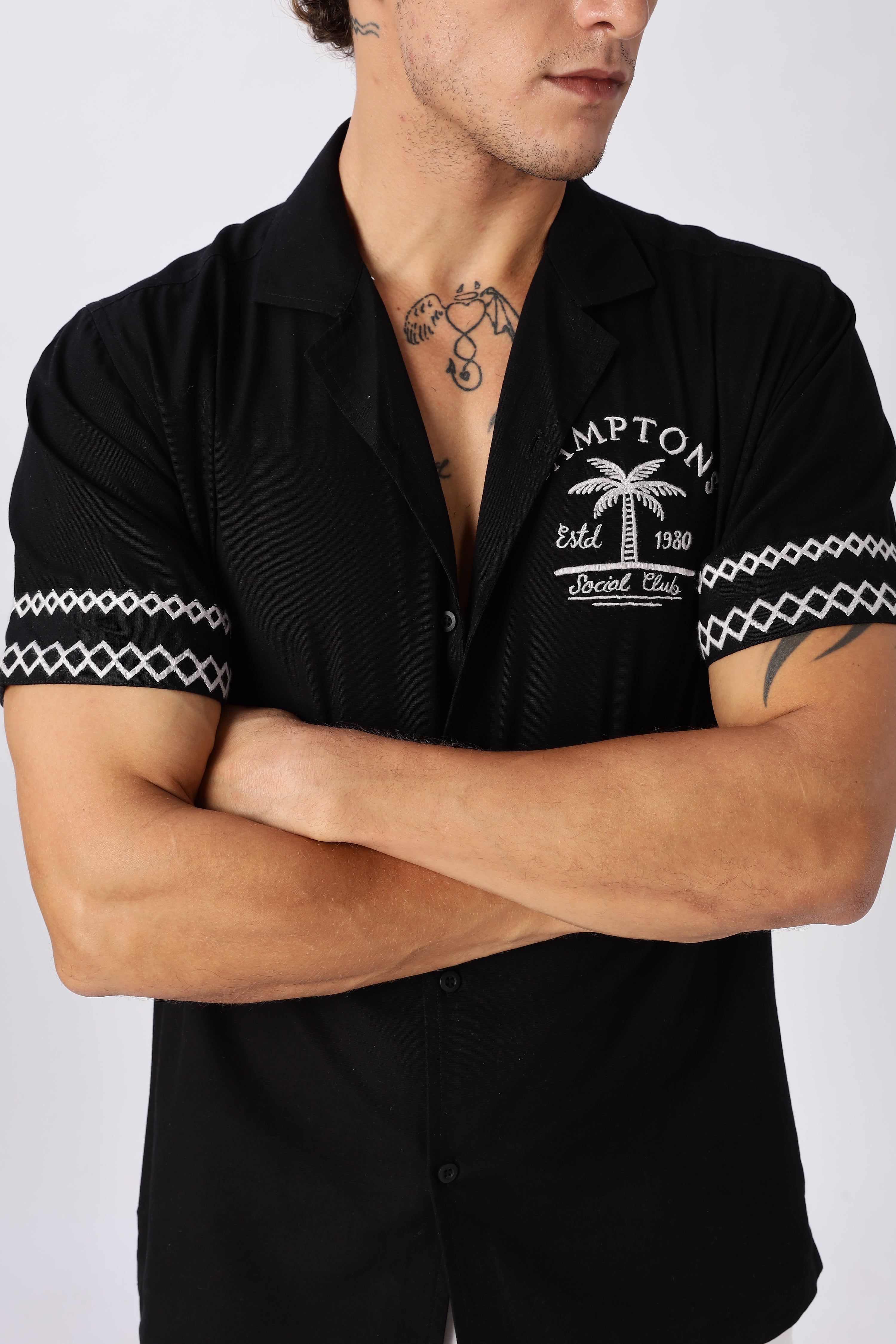 Hamptons Social Club Cotton Box Fit Black Embroidered Shirt