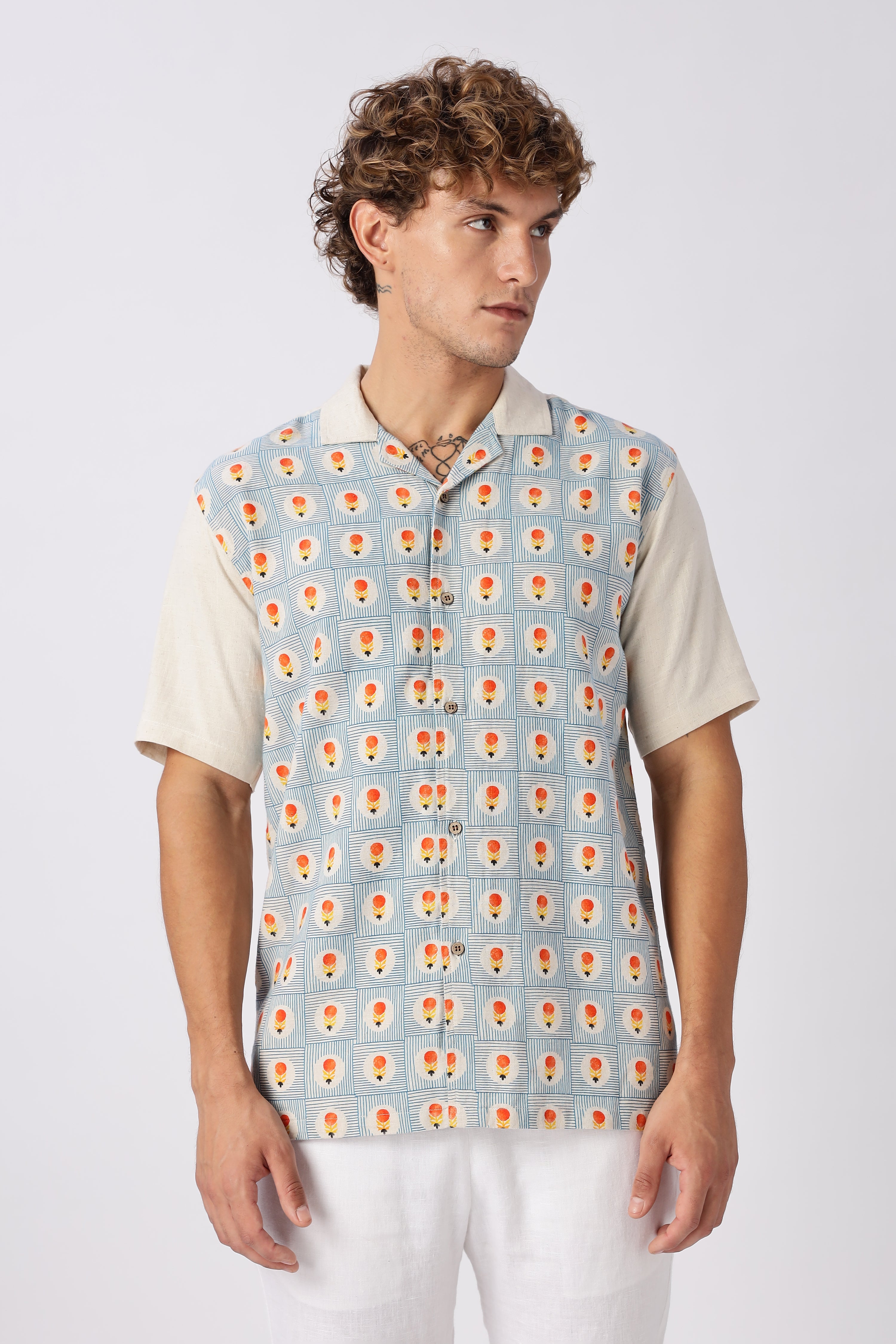 Retro Geometric Print Cuban Collar Style Shirt