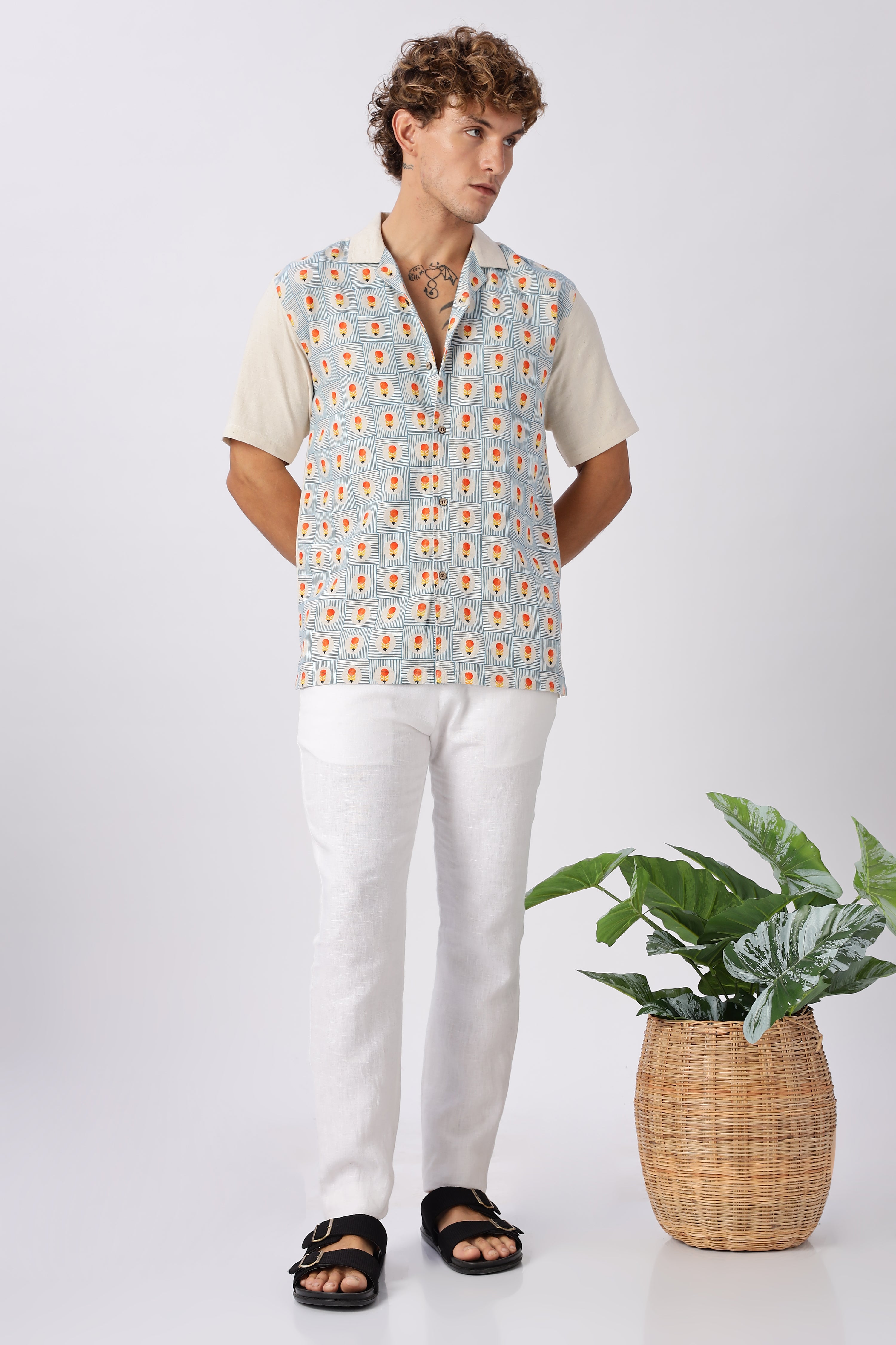 Retro Geometric Print Cuban Collar Style Shirt
