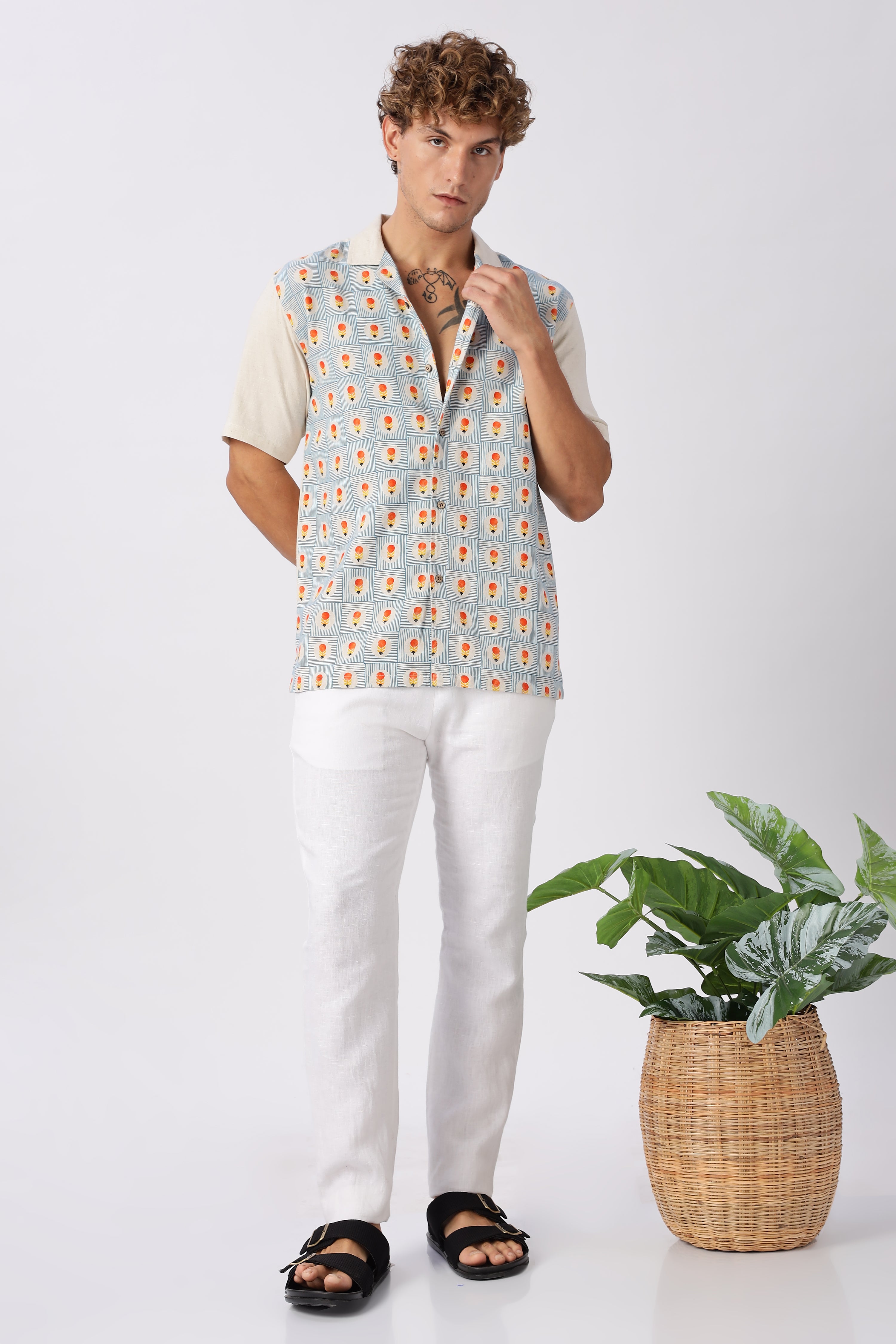 Retro Geometric Print Cuban Collar Style Shirt