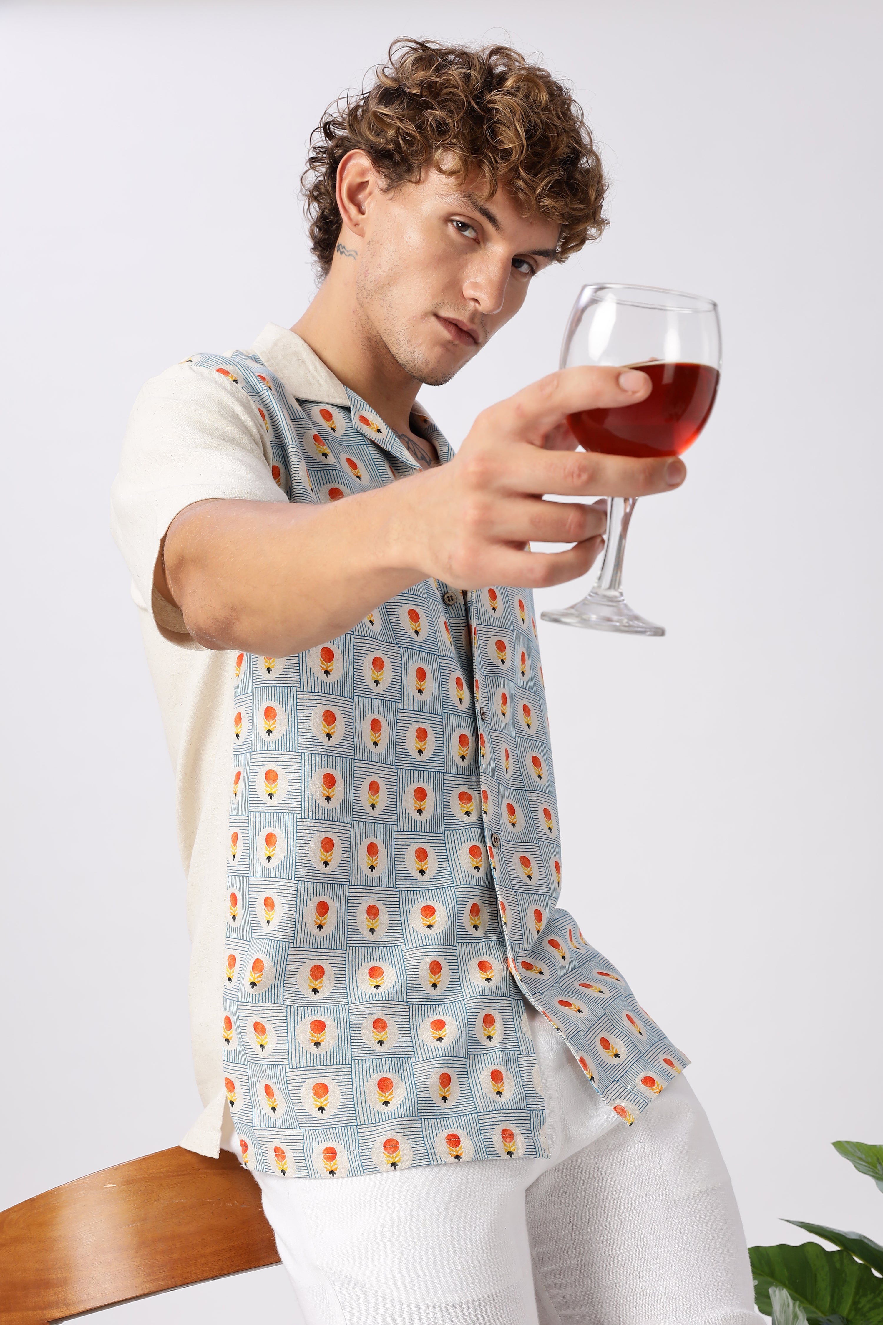 Retro Geometric Print Cuban Collar Style Shirt
