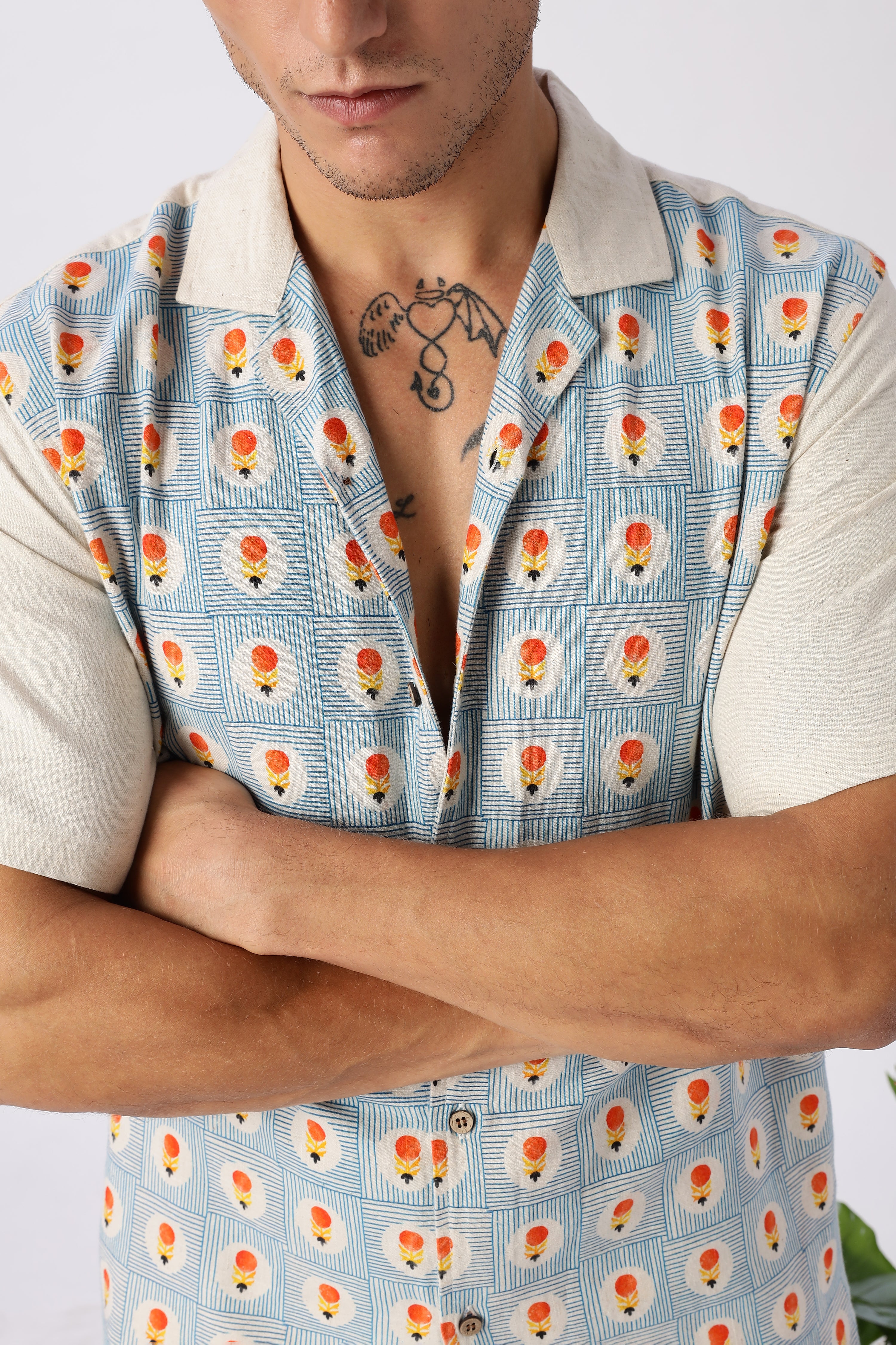 Retro Geometric Print Cuban Collar Style Shirt