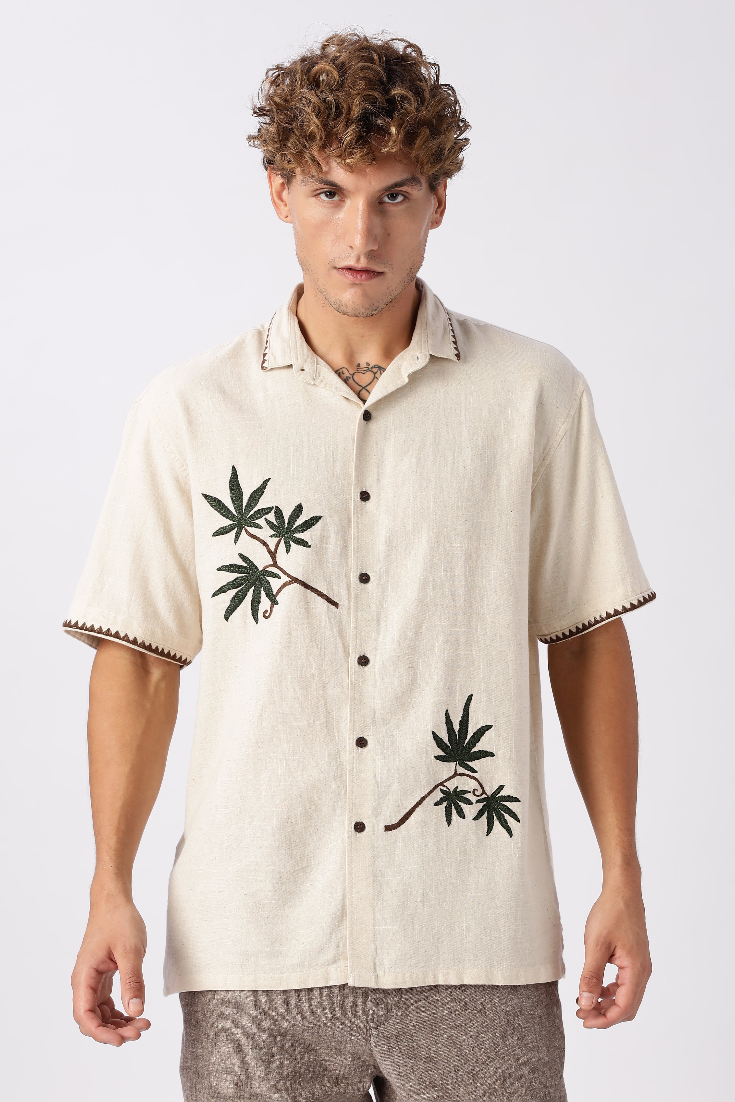 Cannabis Sativa Beige Embroidered Cuban Shirt