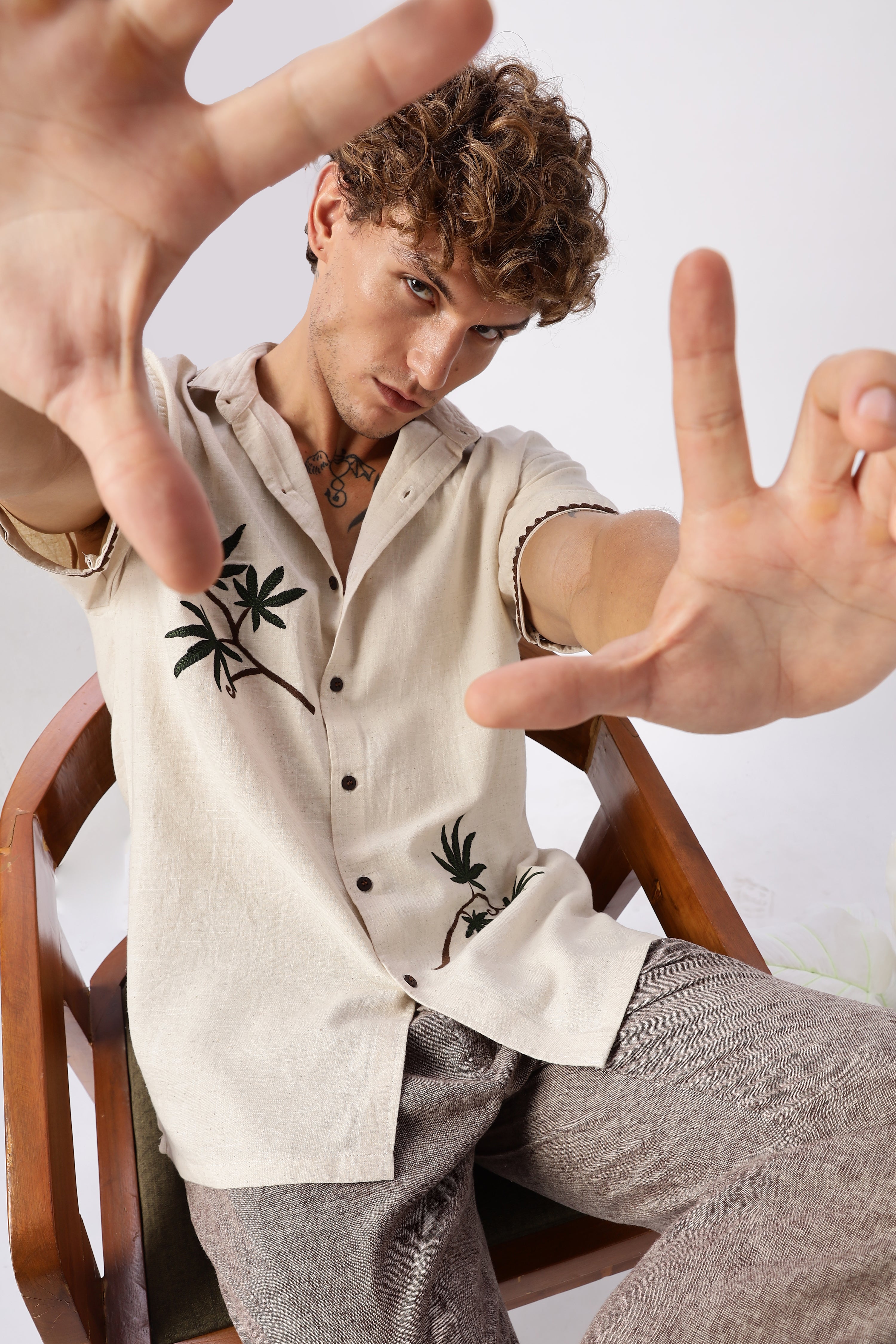 Cannabis Sativa Beige Embroidered Cuban Shirt