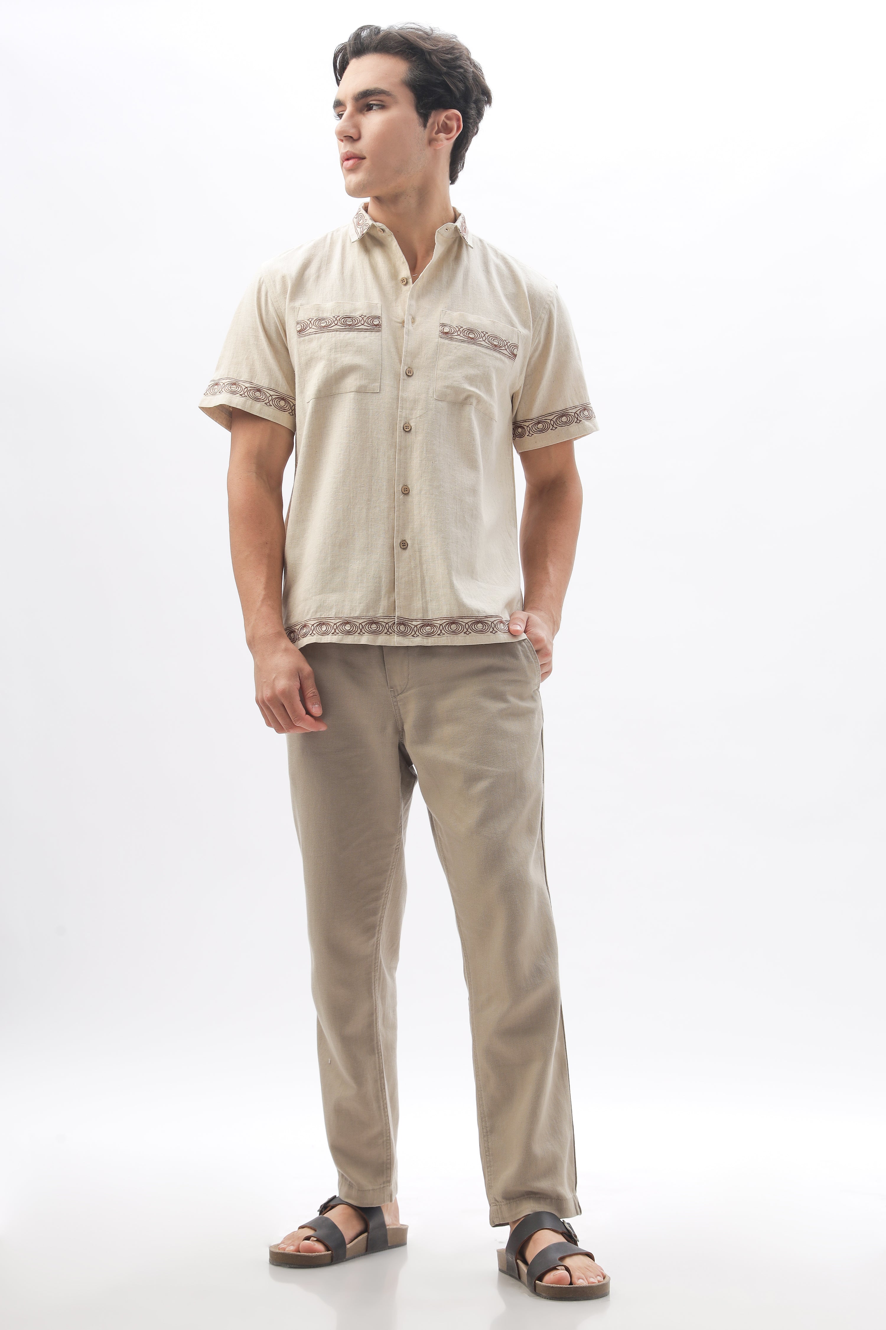 Bambaiya Beige Embroidery Double Pocket Box Fit Shirt