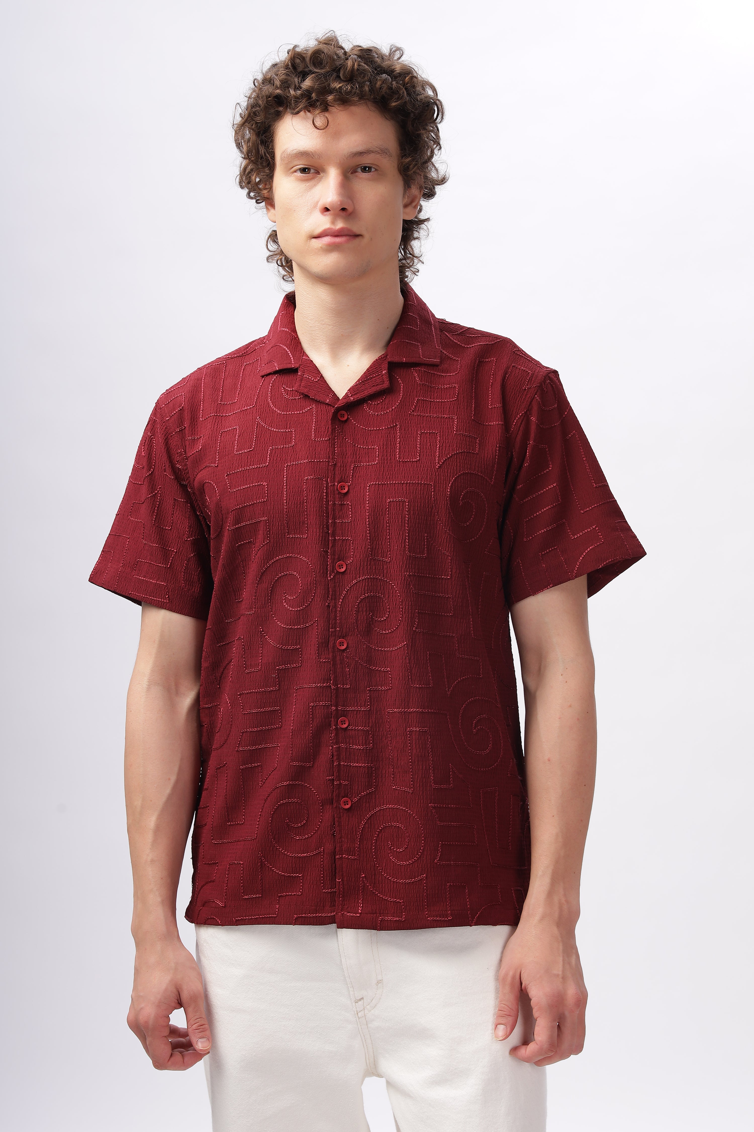 Cuban Collar Embroidery Half Sleeve Shirt