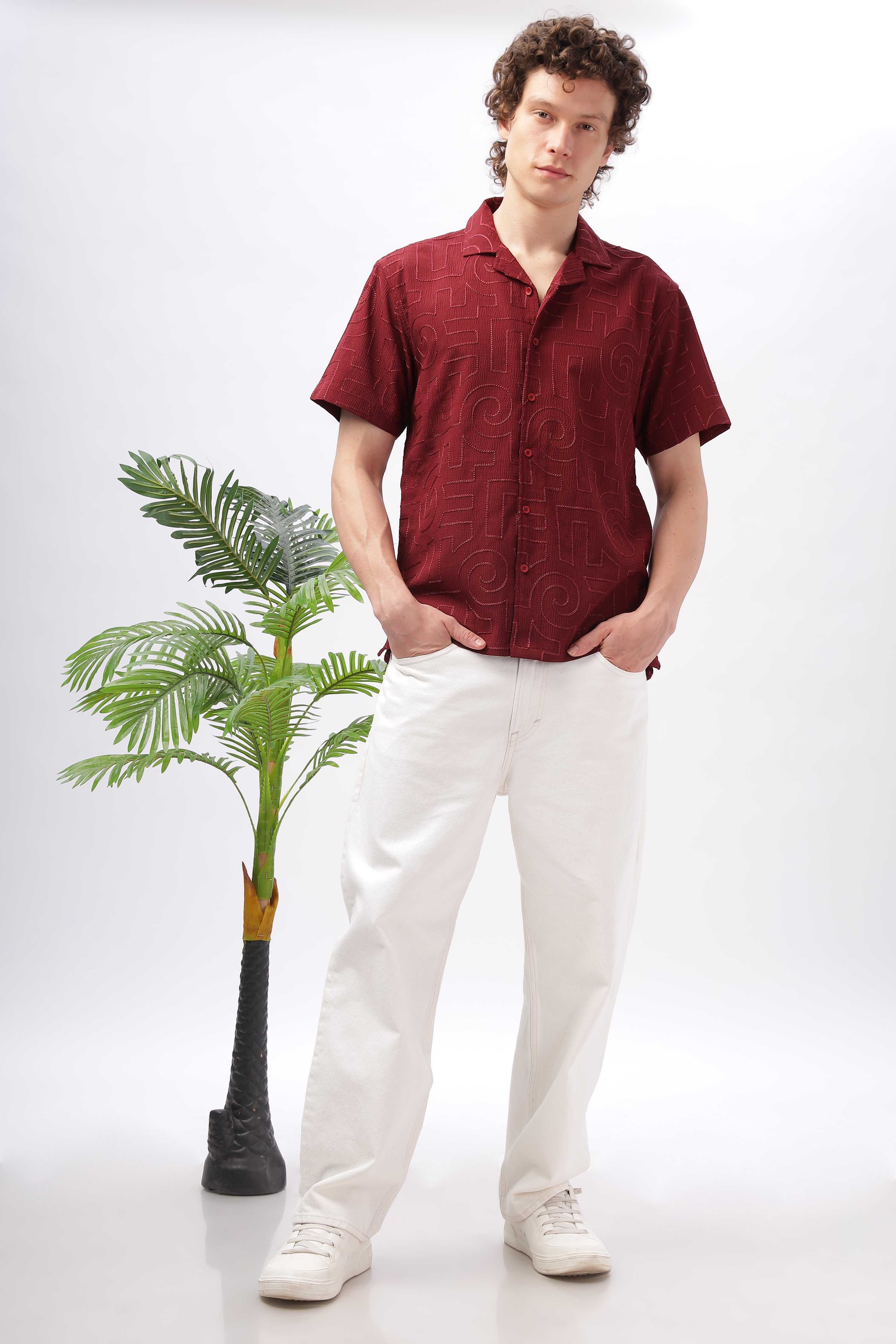 Cuban Collar Embroidery Half Sleeve Shirt
