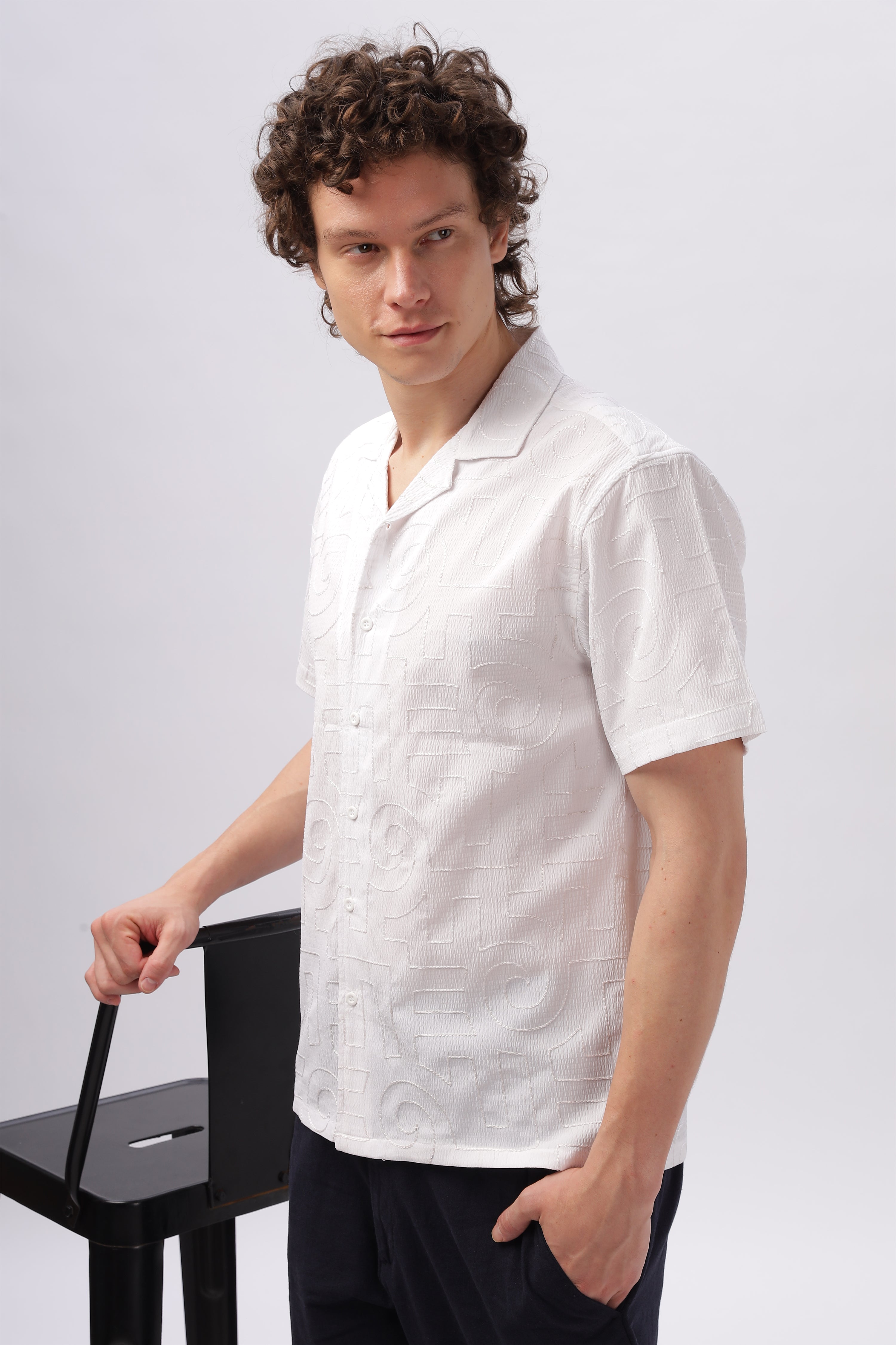 Cuban Collar Embroidery Half Sleeve Shirt