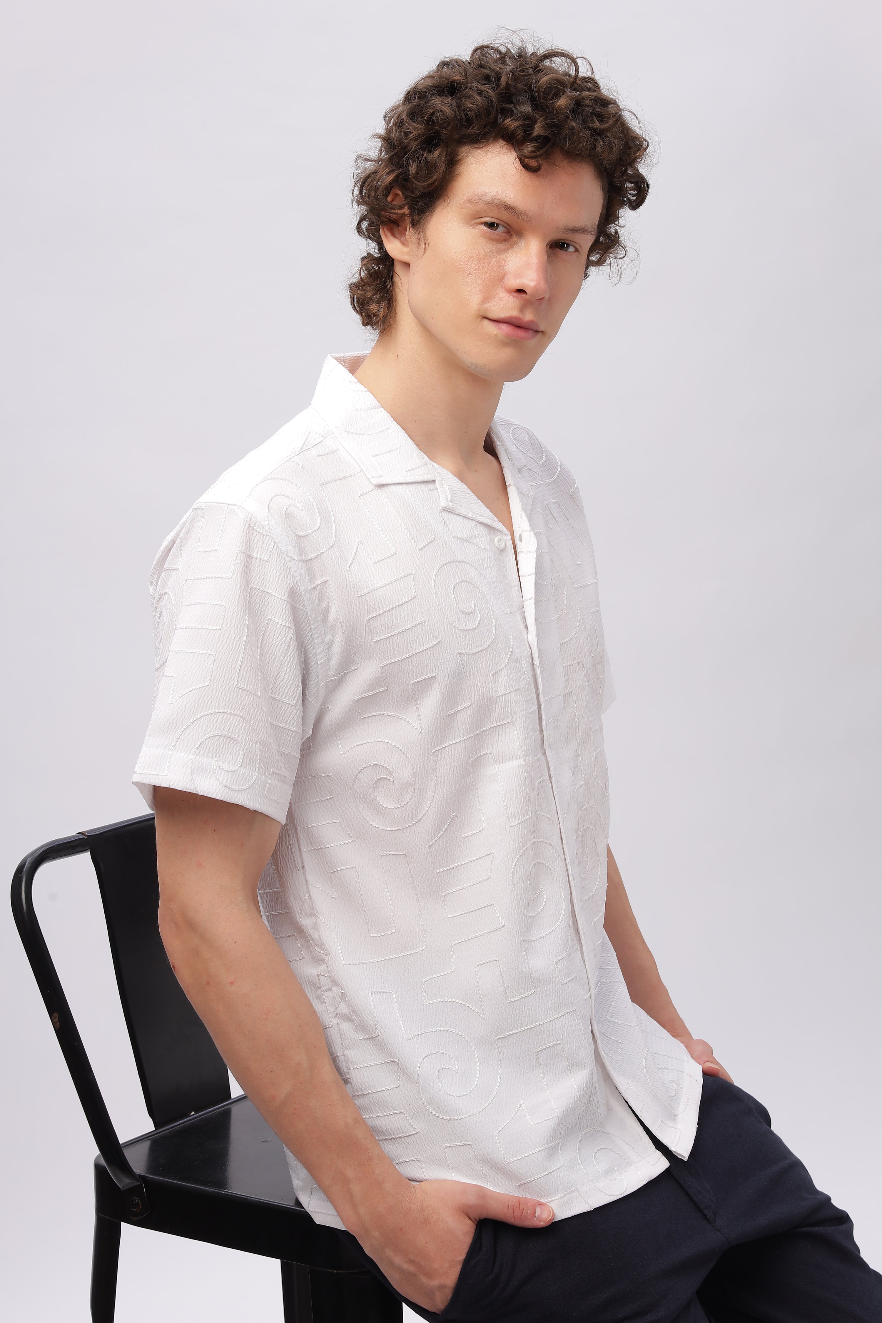 Cuban Collar Embroidery Half Sleeve Shirt