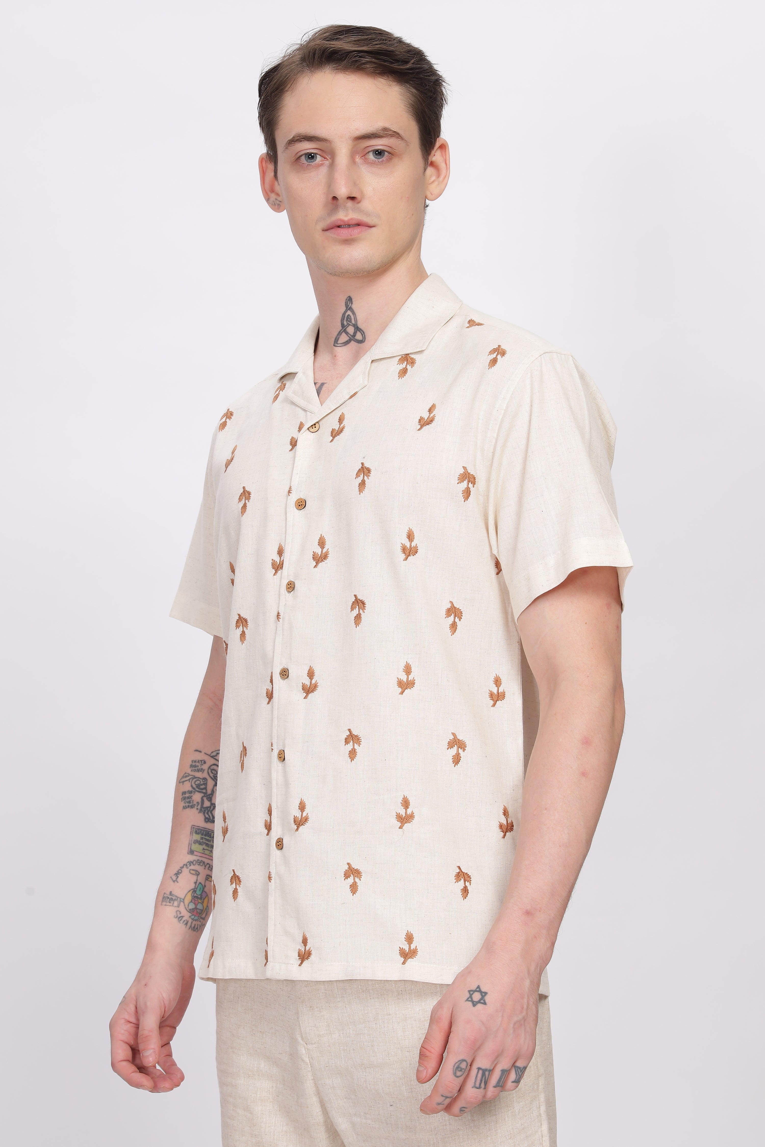 Milan Beige All-Over Embroidery Camp Collar Shirt