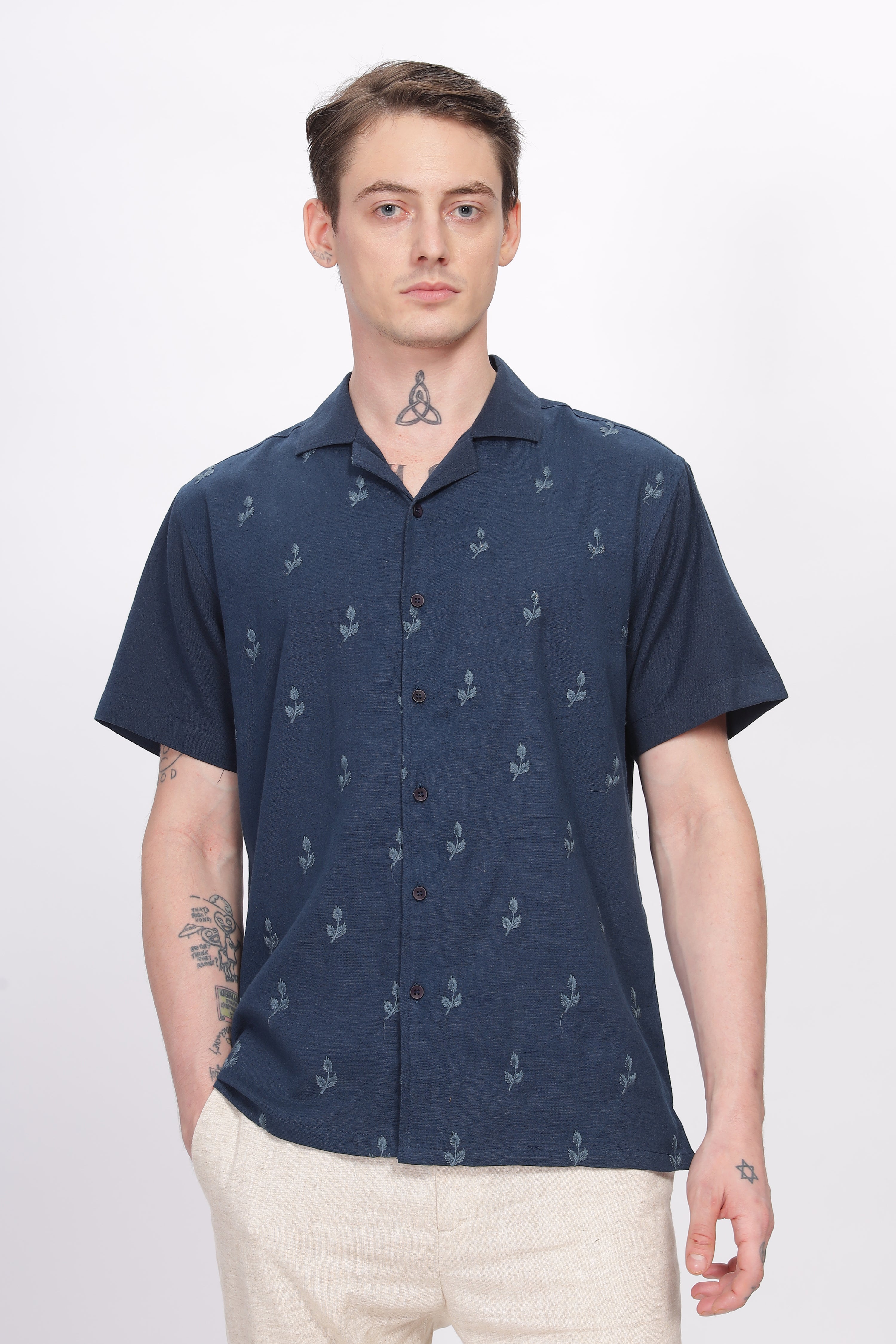 Oslo Blue All-Over Embroidery Camp Collar Shirt