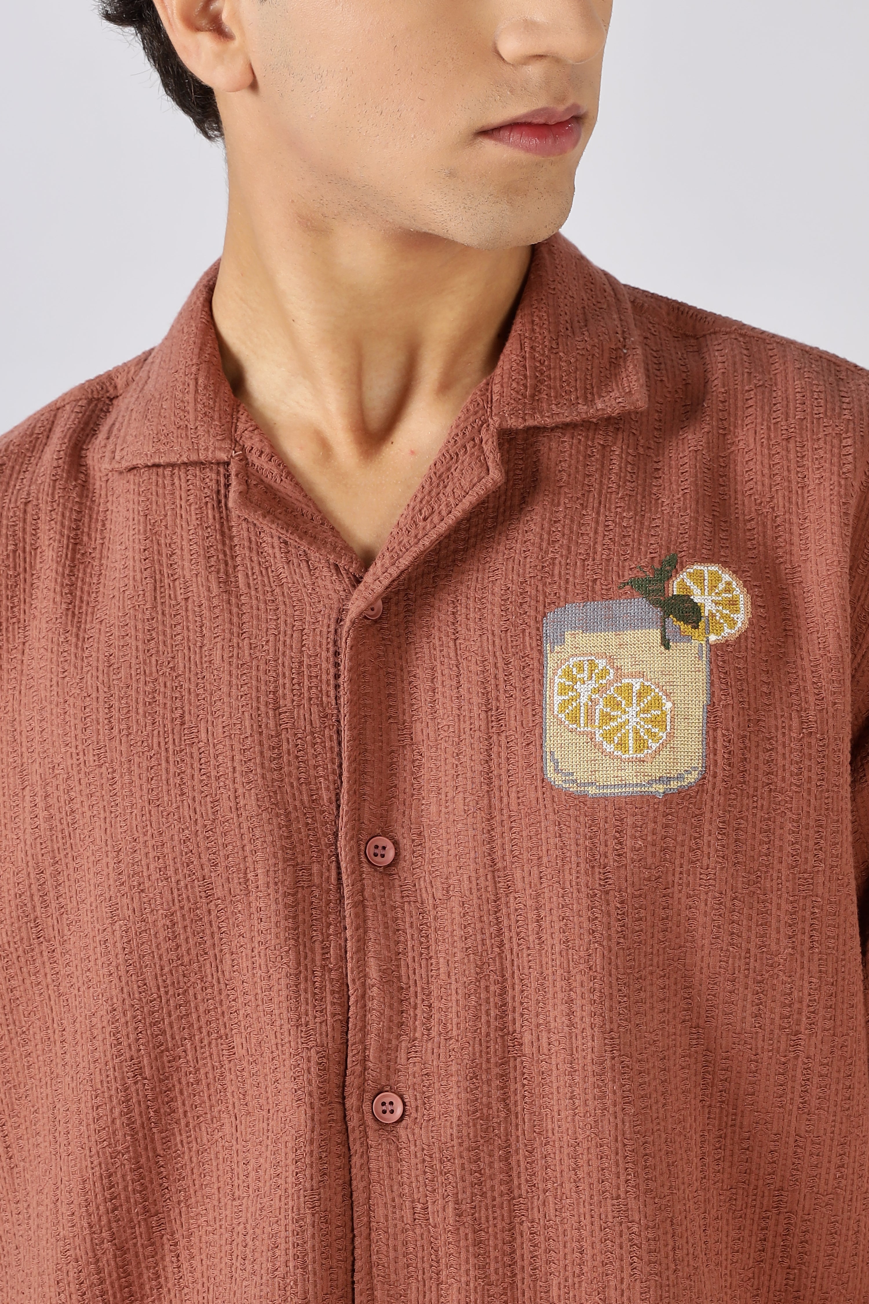 Citrus Spritz Textured Box Fit Orange Embroidered Shirt