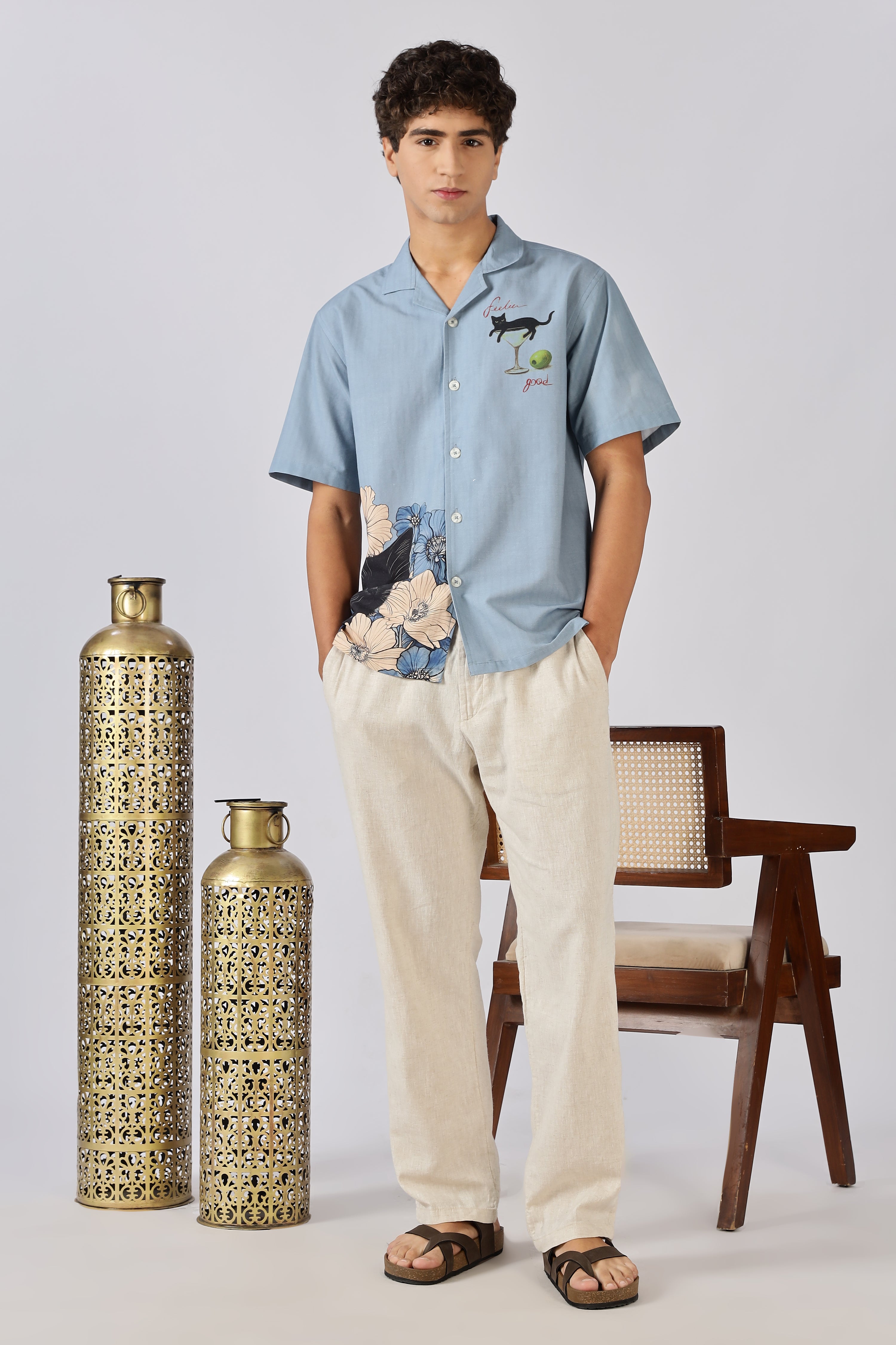 Midnight Cat Cocktail Printed Cuban Collar Shirt