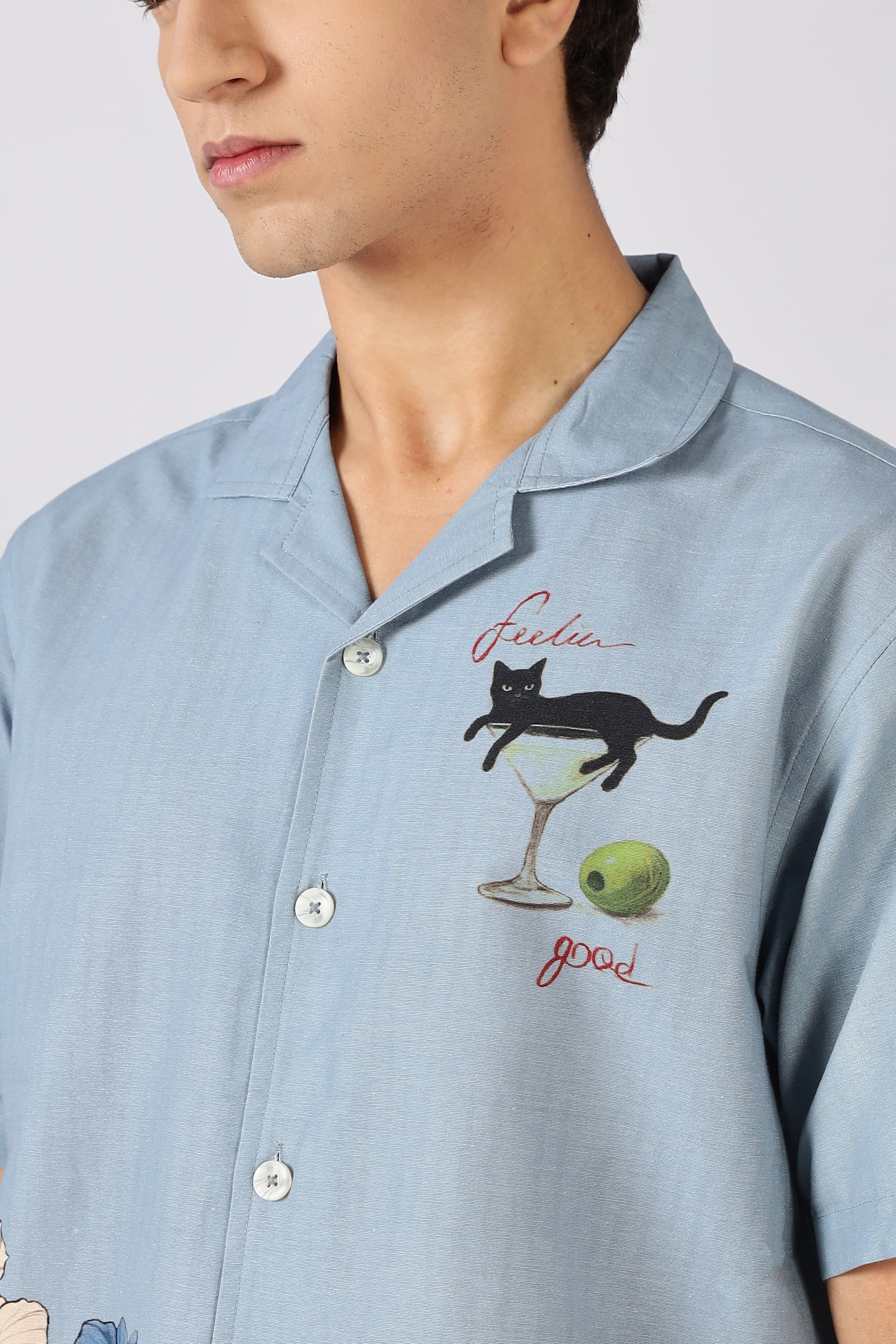 Midnight Cat Cocktail Printed Cuban Collar Shirt