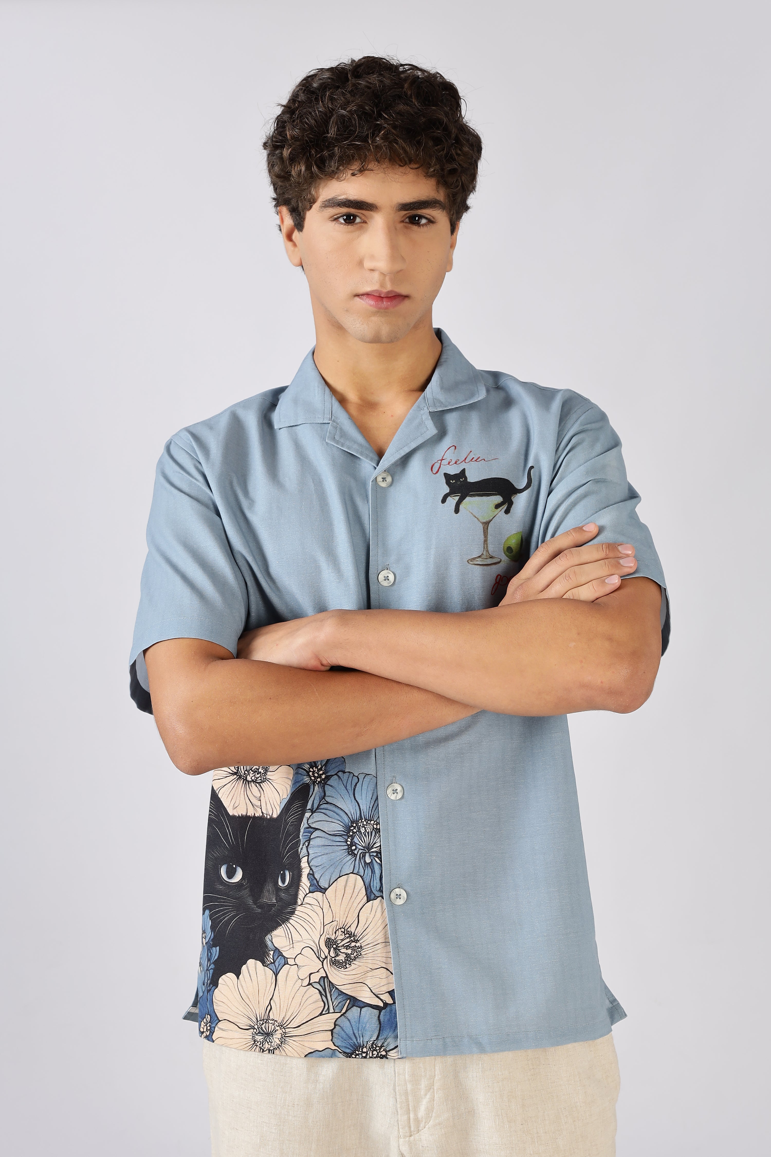 Midnight Cat Cocktail Printed Cuban Collar Shirt