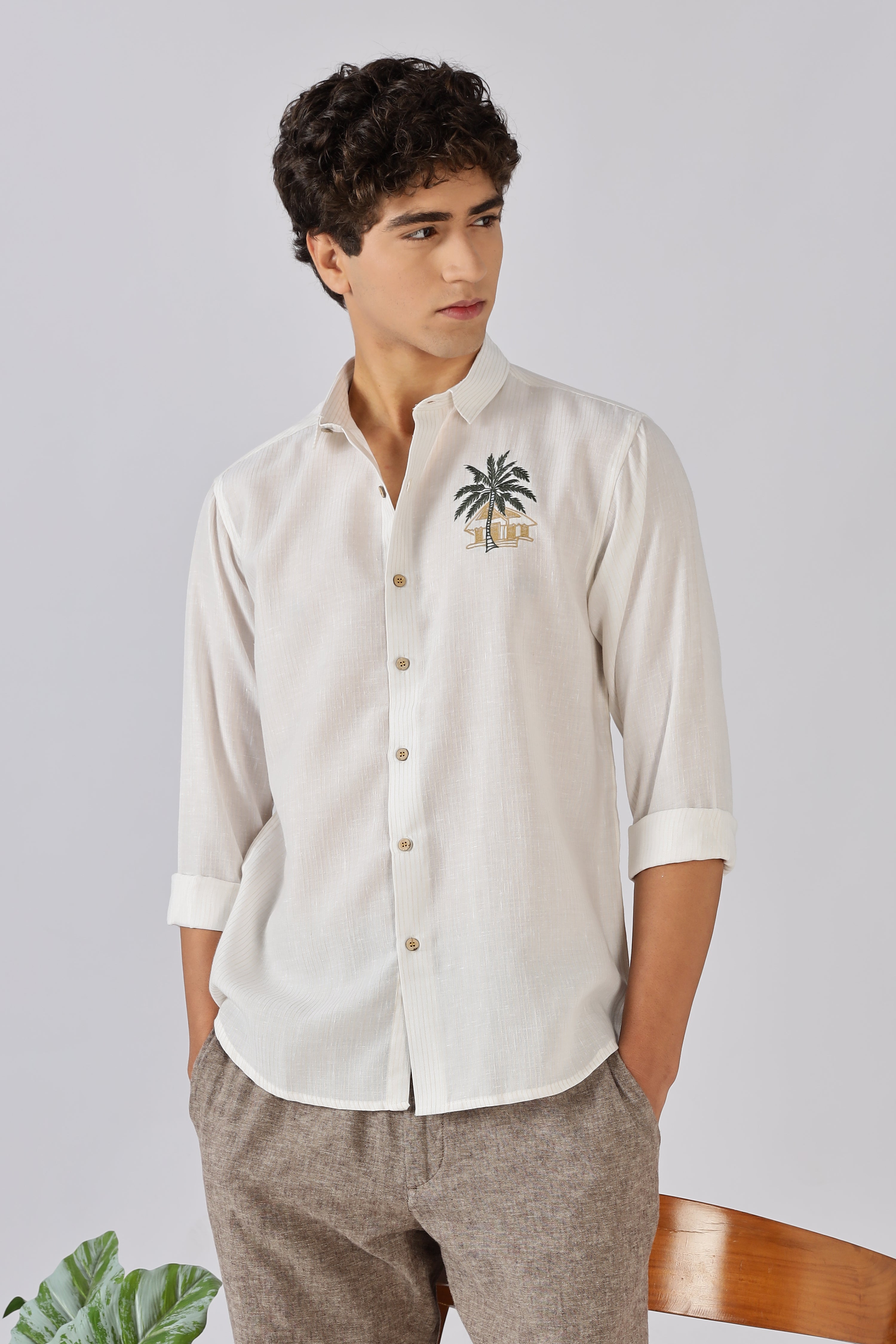 Palm Retreat Cotton Regular Fit White Embroidered Shirt