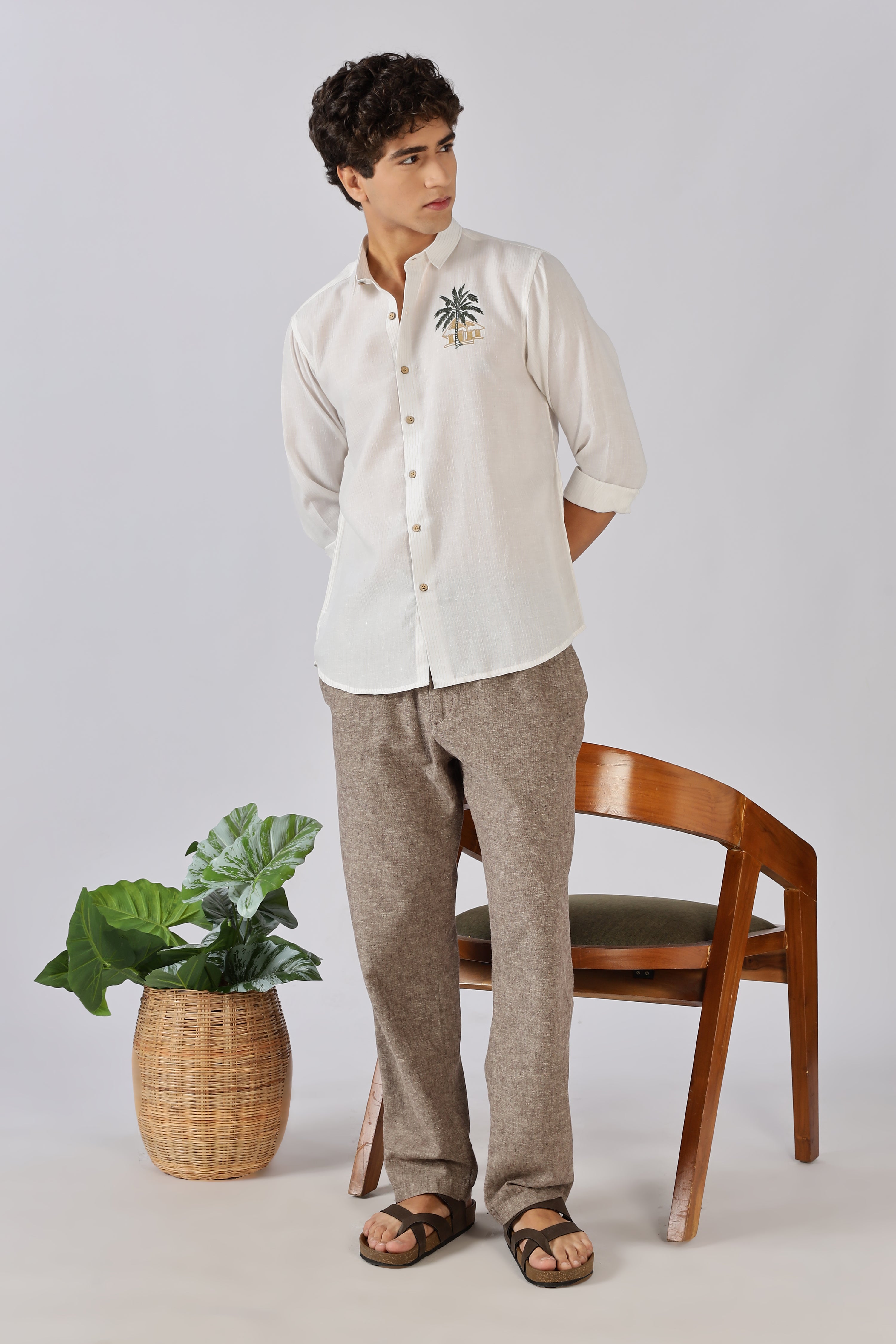 Palm Retreat Cotton Regular Fit White Embroidered Shirt
