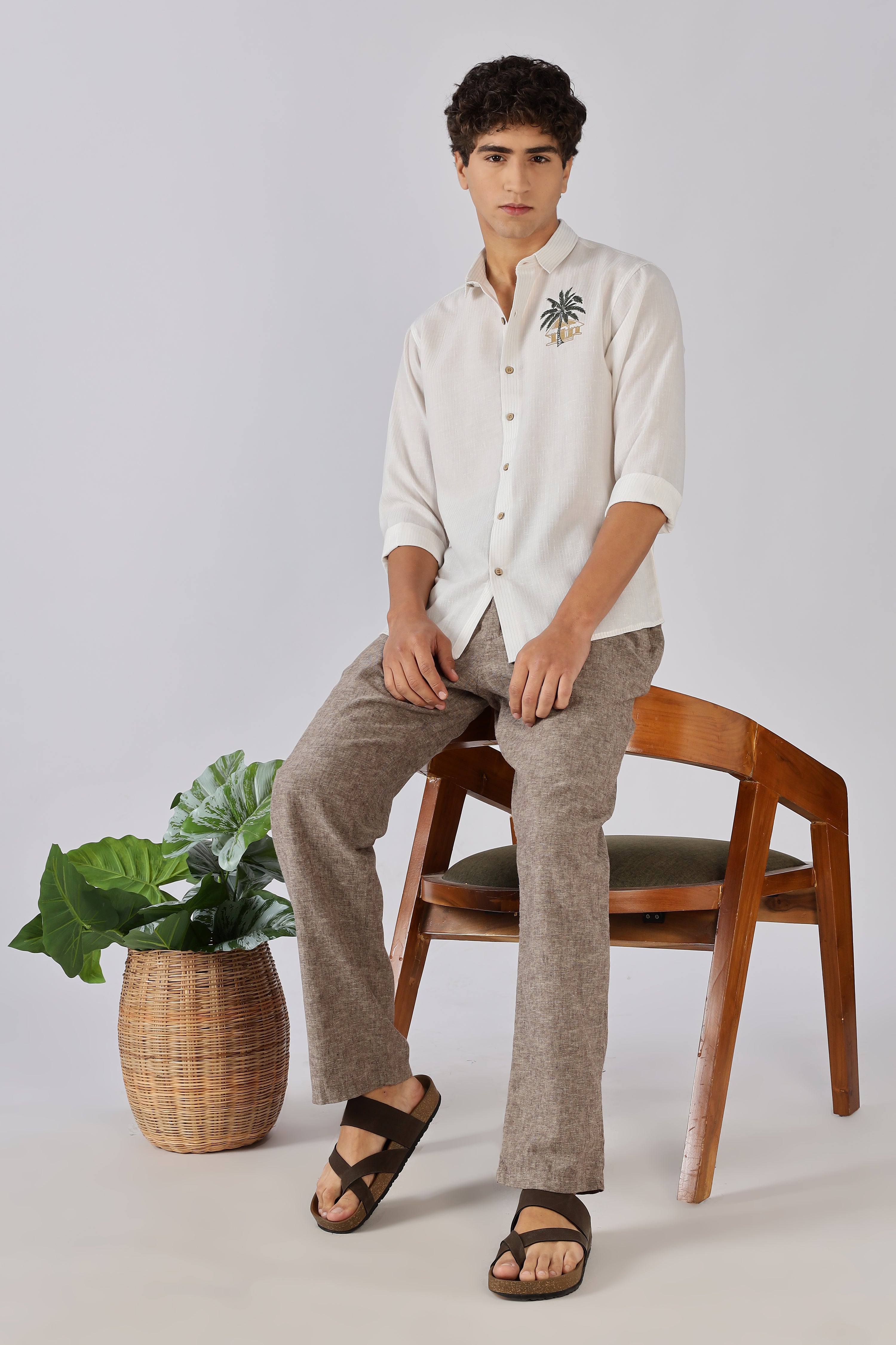 Palm Retreat Cotton Regular Fit White Embroidered Shirt