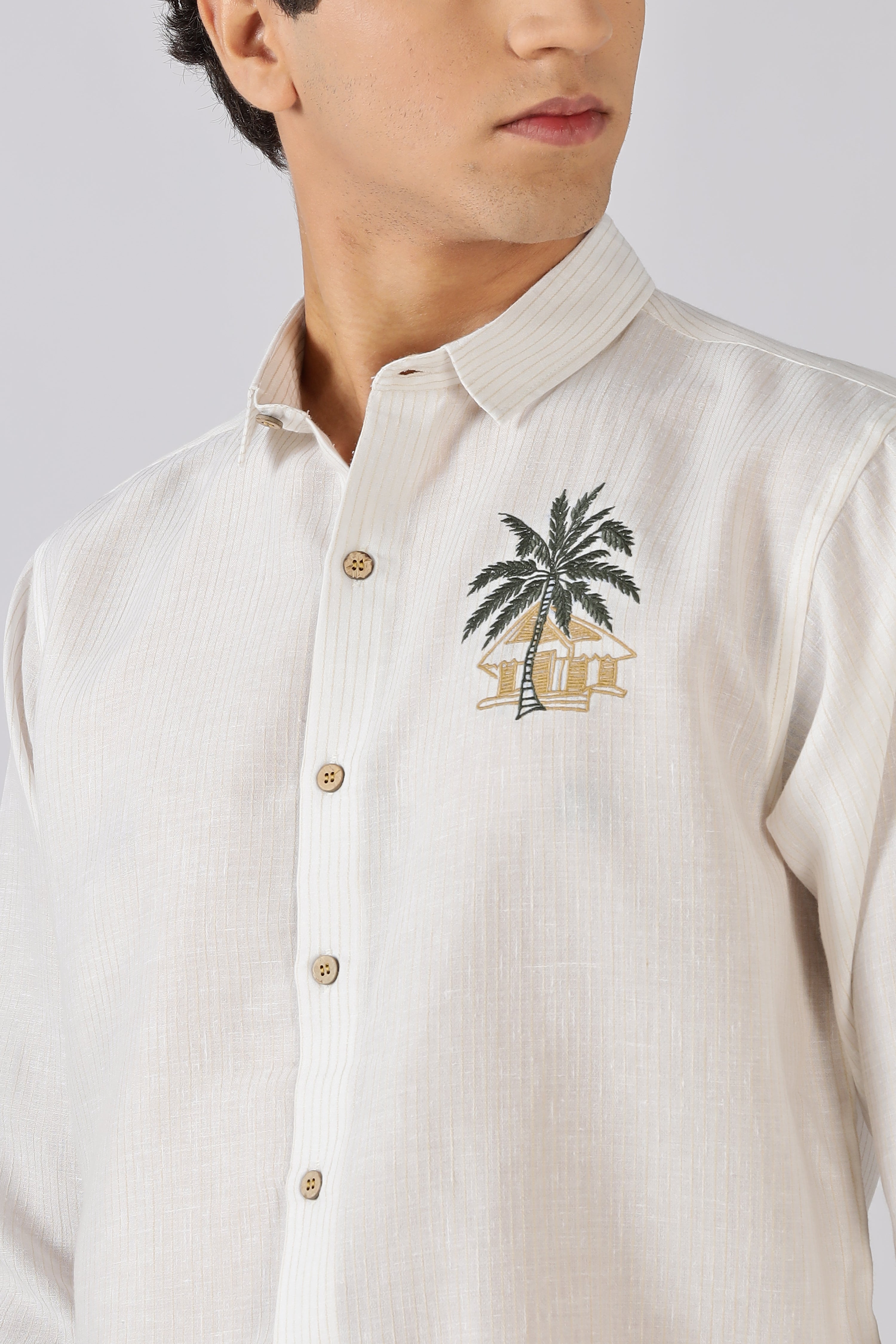 Palm Retreat Cotton Regular Fit White Embroidered Shirt