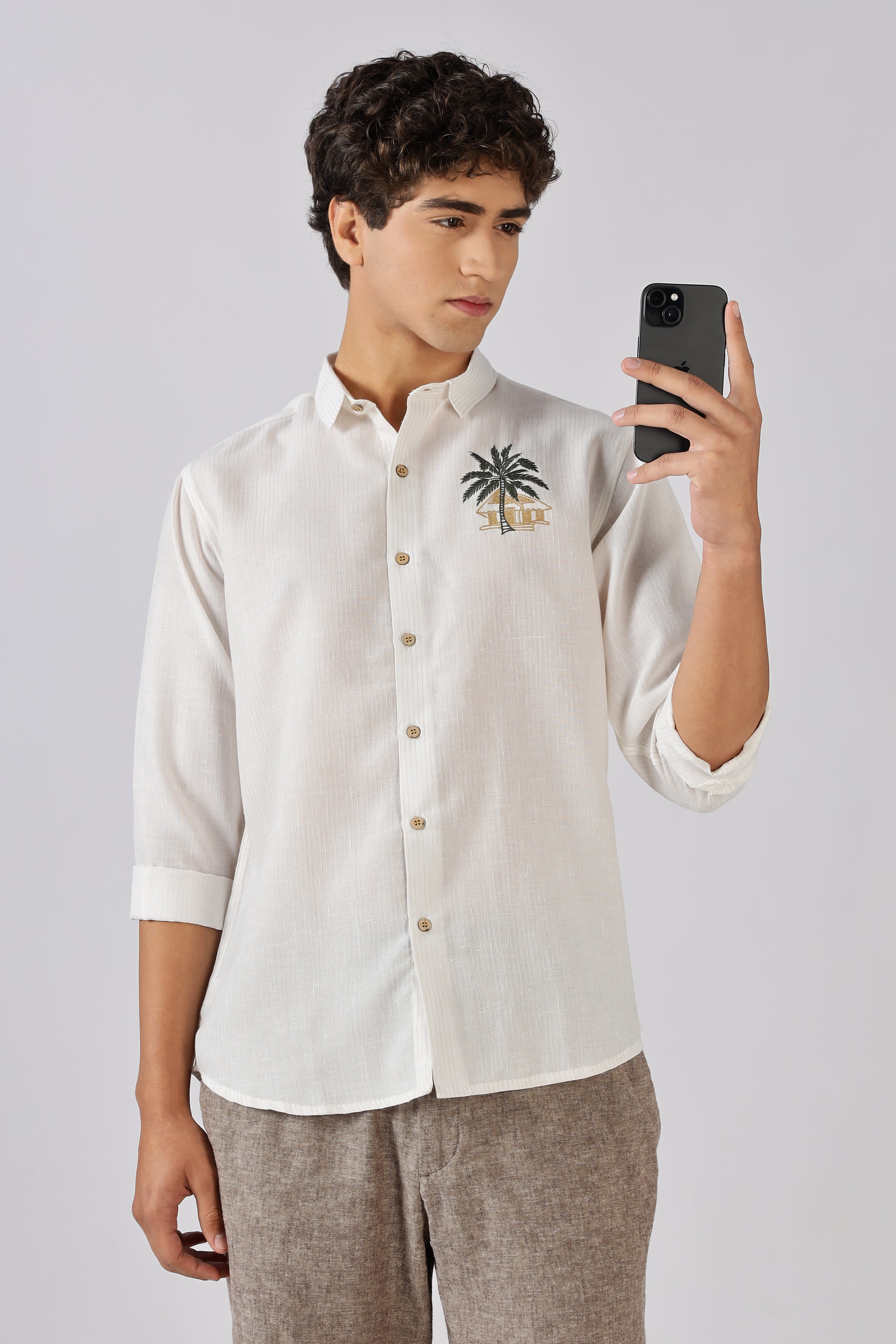 Palm Retreat Cotton Regular Fit White Embroidered Shirt