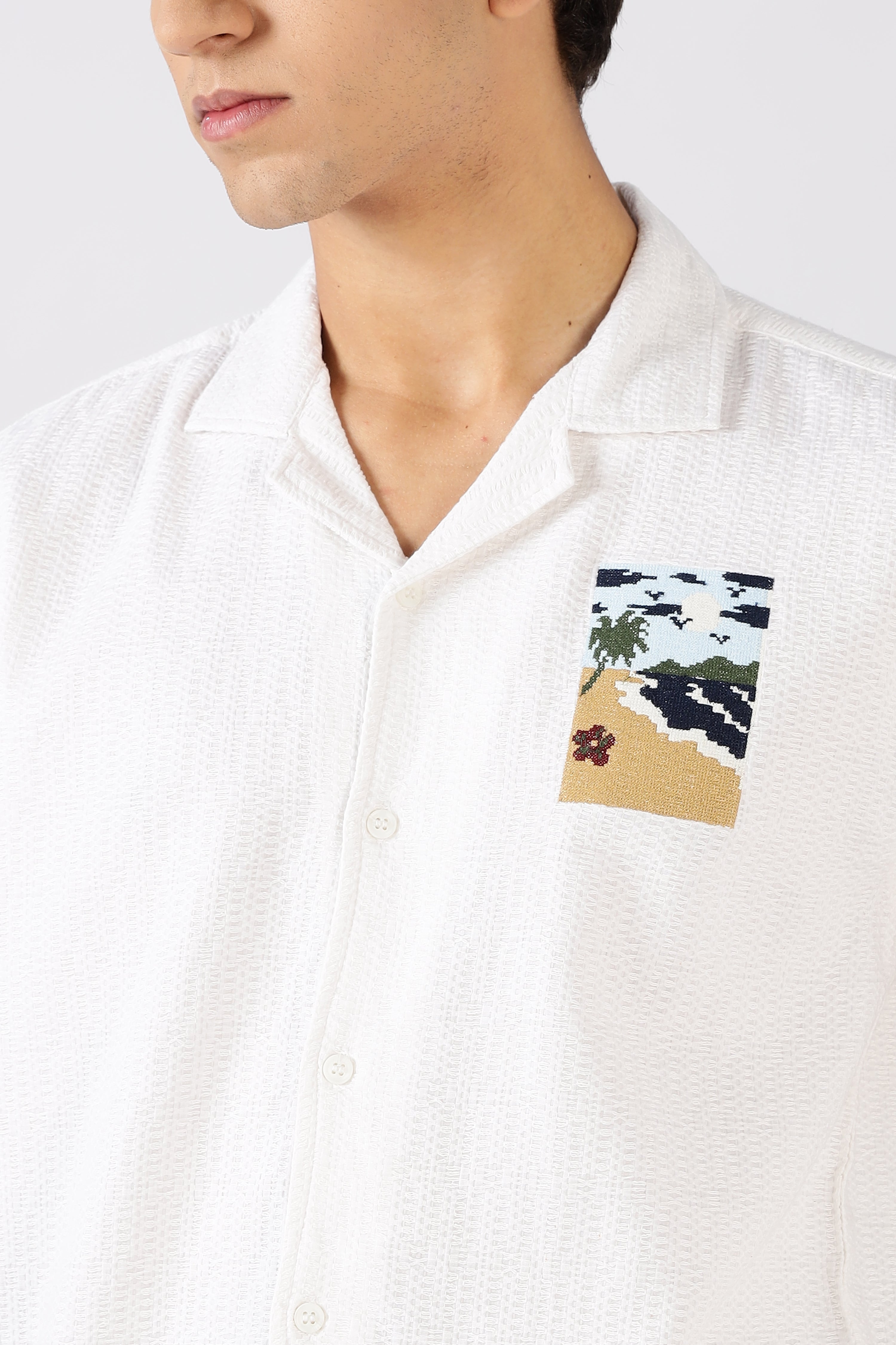 Sunset Shore Cotton Box Fit White Embroidered Shirt