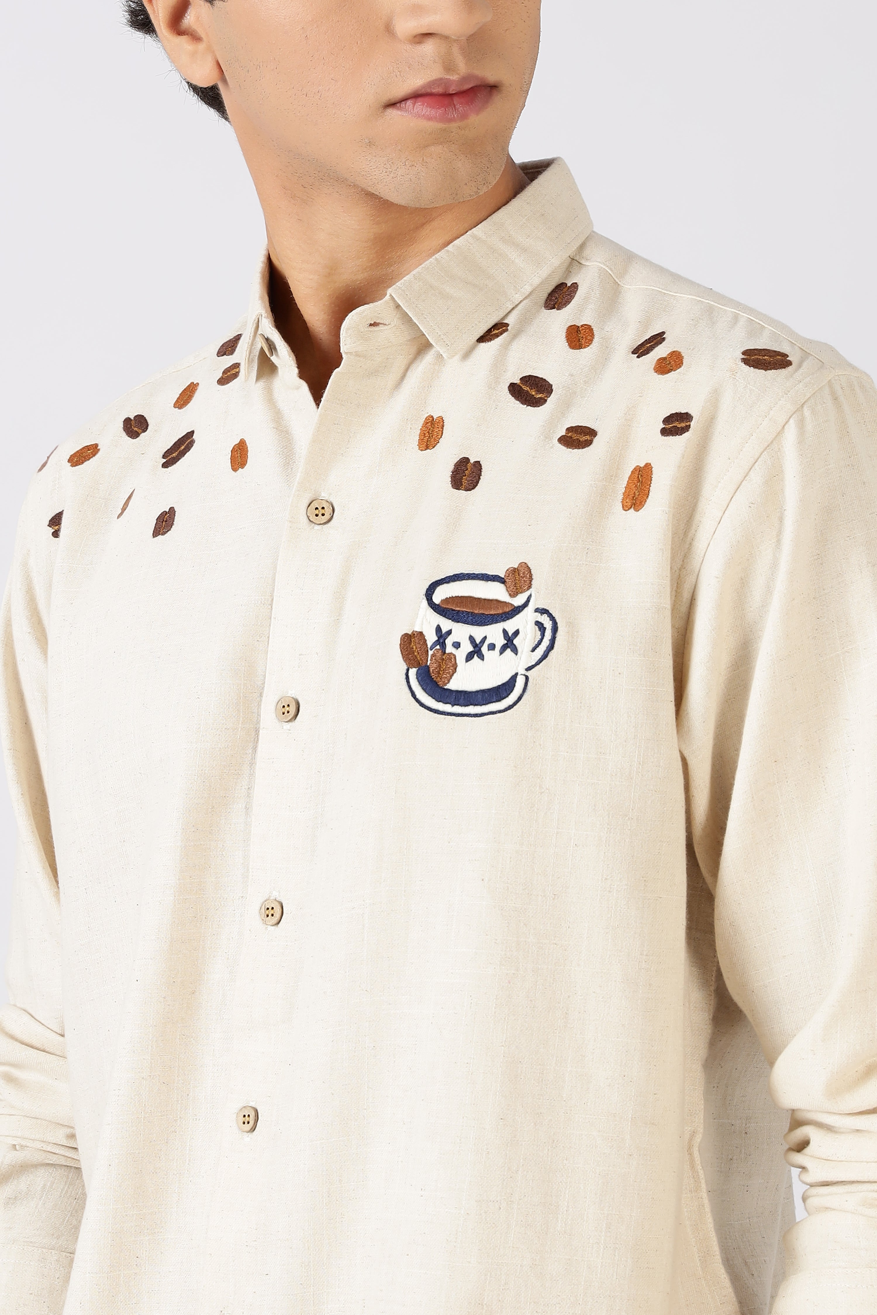 Morning Brew Cotton Regular Fit Beige Embroidered Shirt
