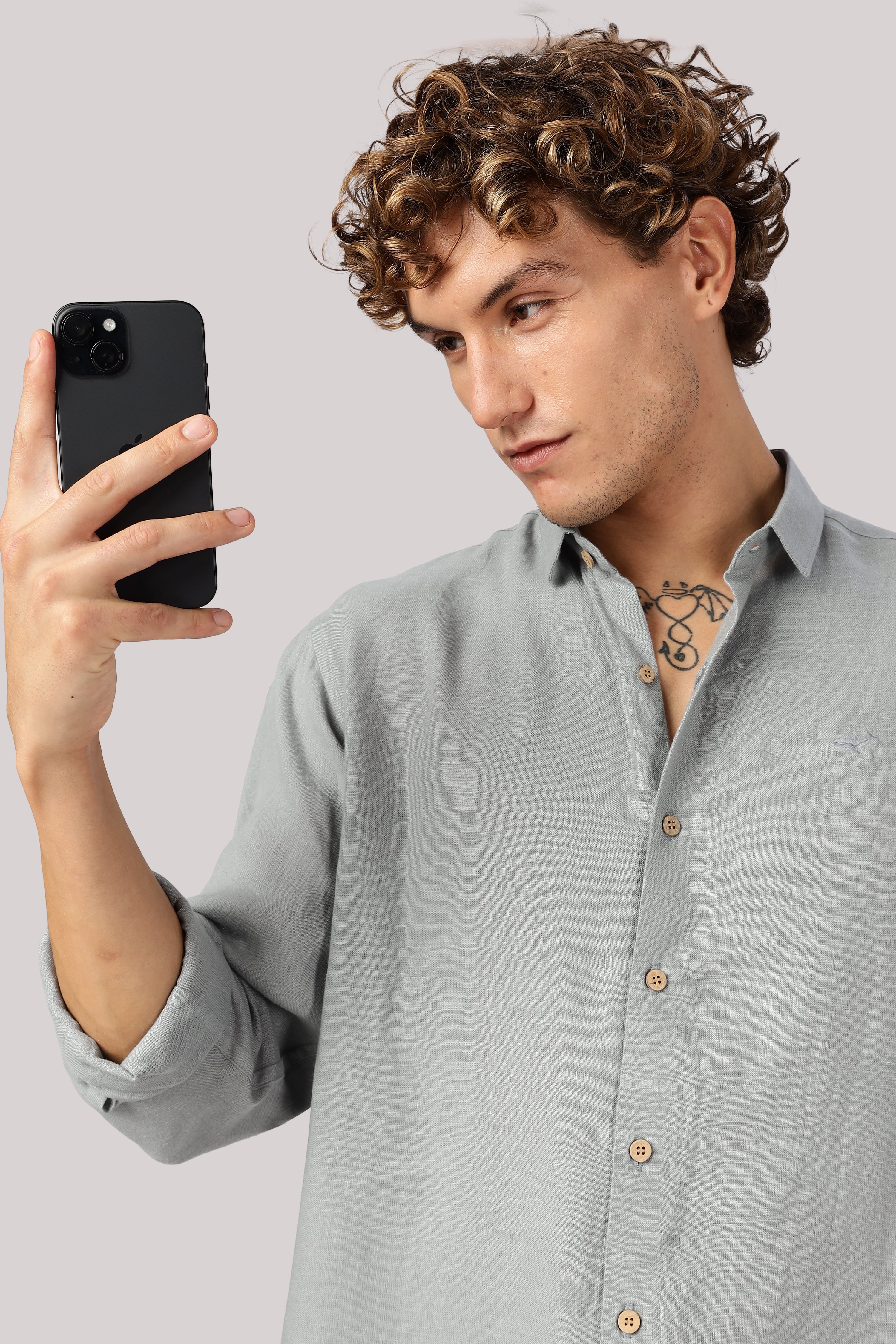 Grey 100% Linen 44 Lea Shirt