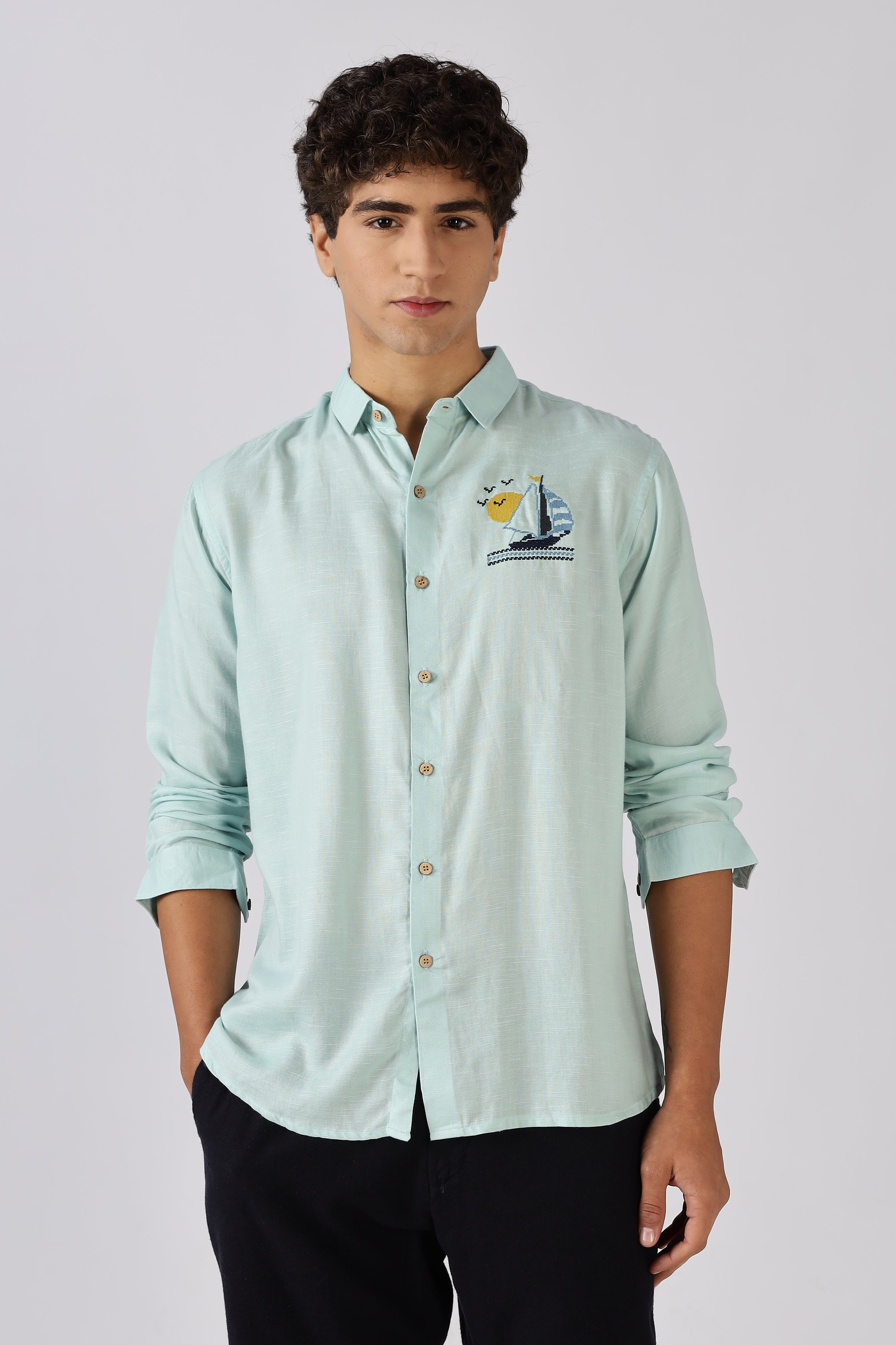 Sailboat Mint Embroidered Cotton Shirt