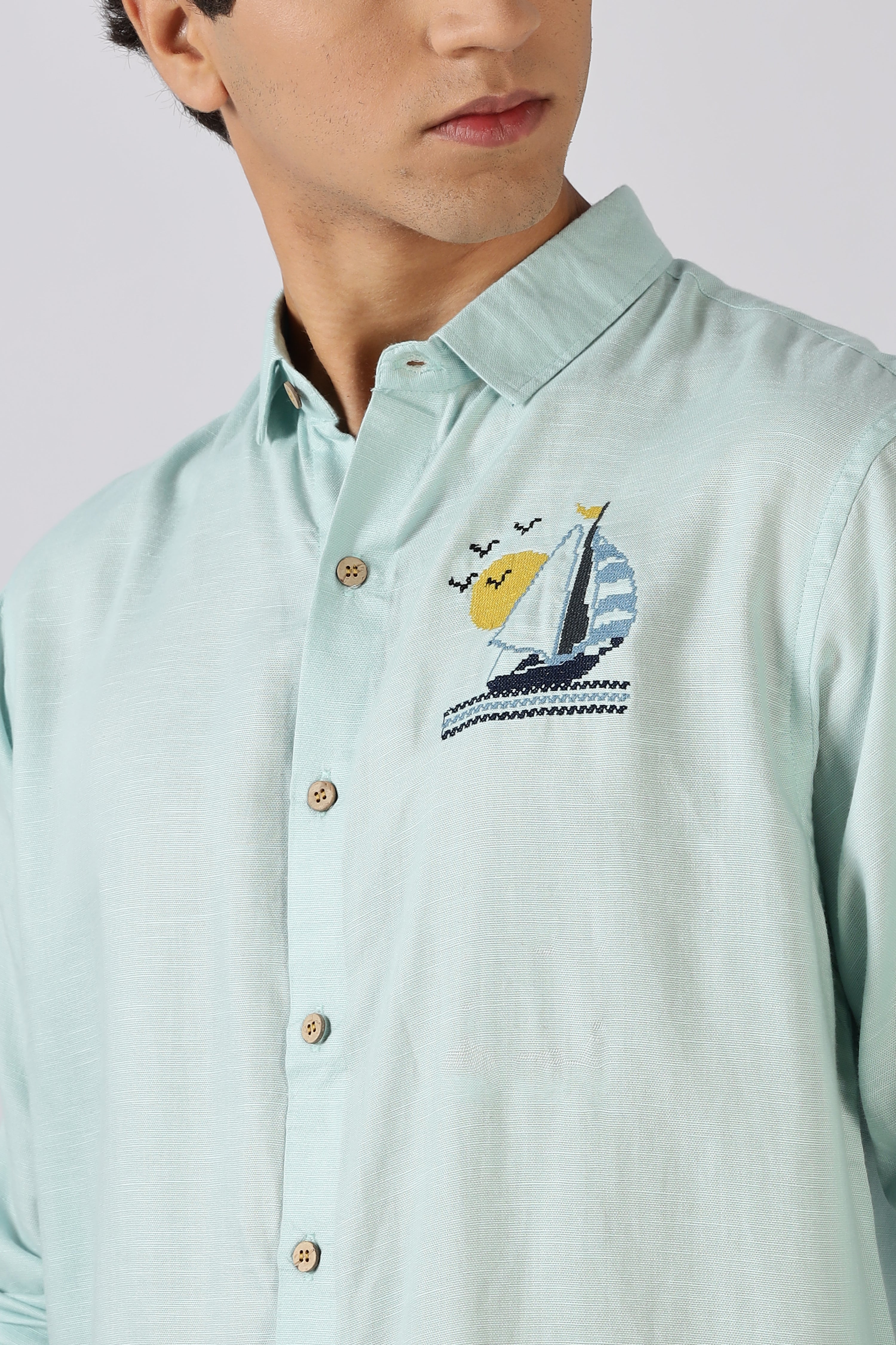 Sailboat Mint Embroidered Cotton Shirt