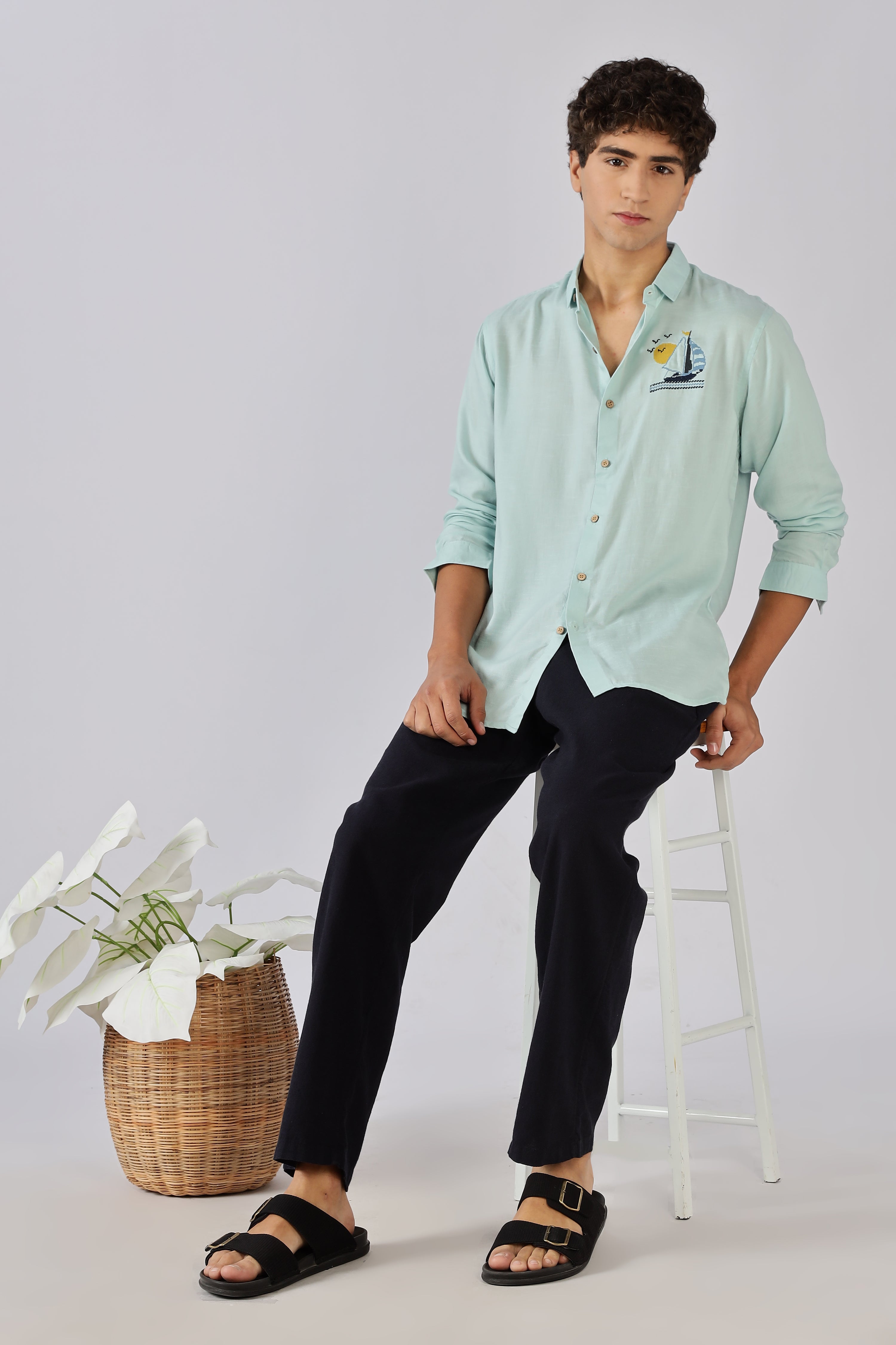 Sailboat Mint Embroidered Cotton Shirt