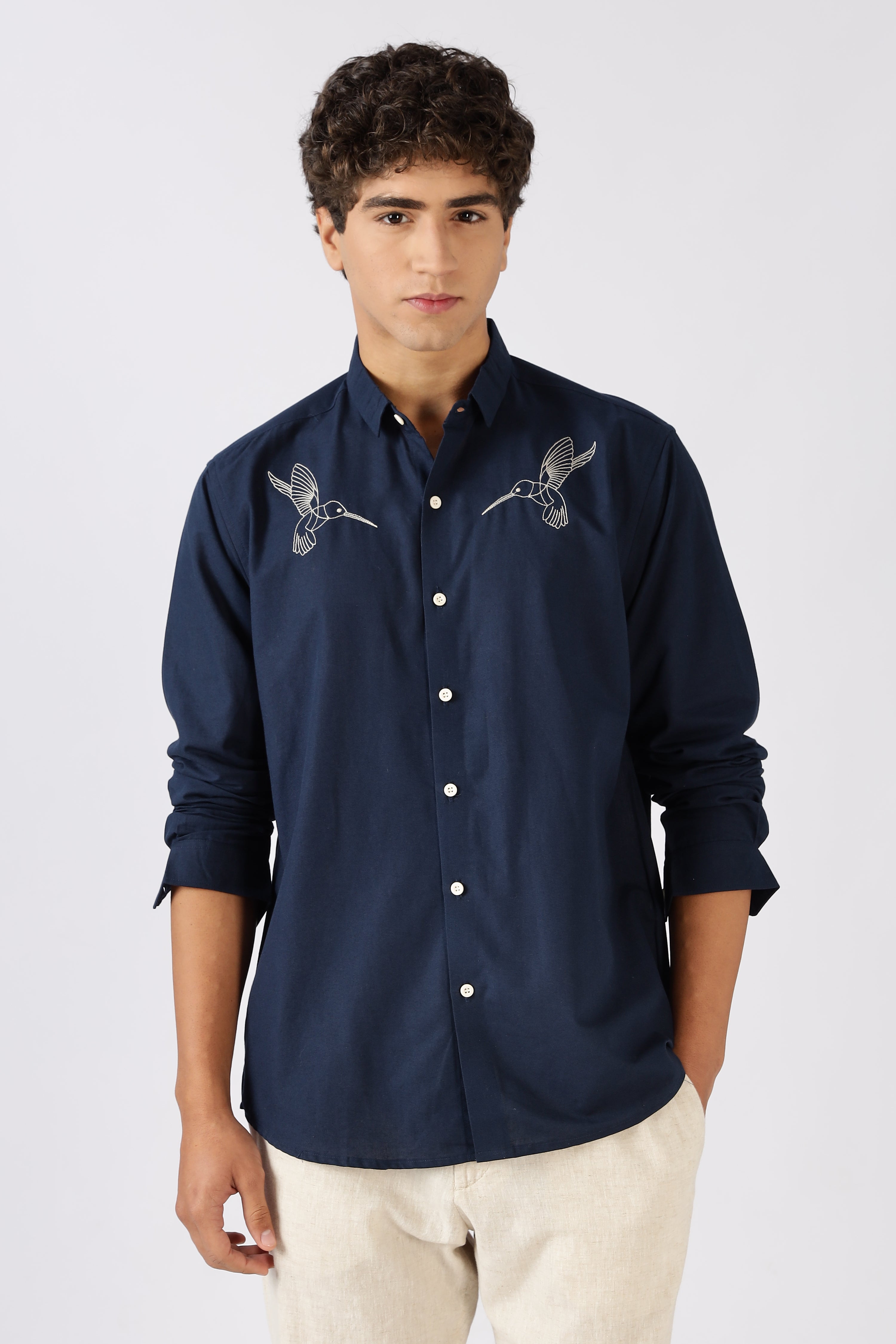 Hummingbird 100% Cotton Regular Fit Navy Embroidered Shirt