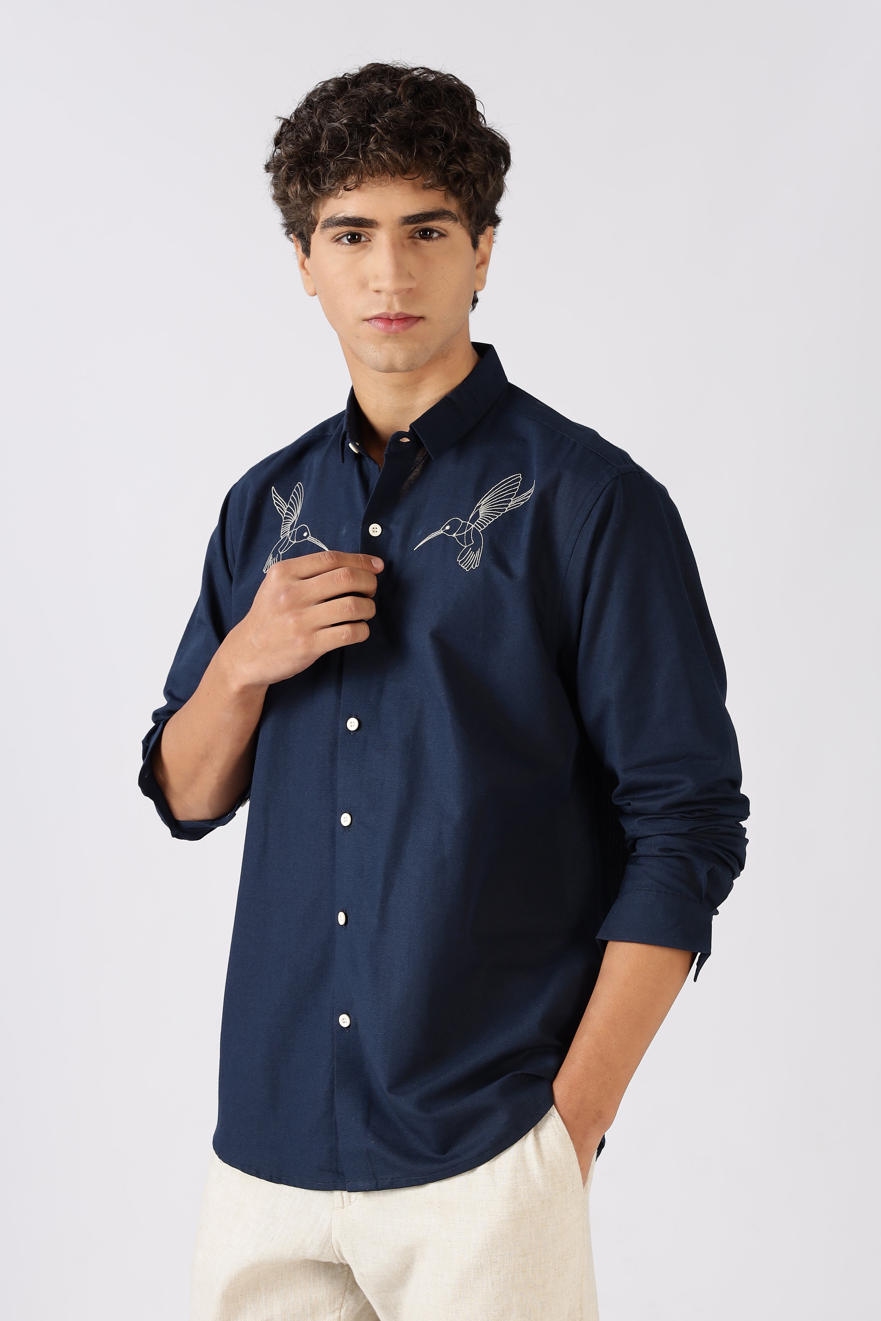 Hummingbird 100% Cotton Regular Fit Navy Embroidered Shirt