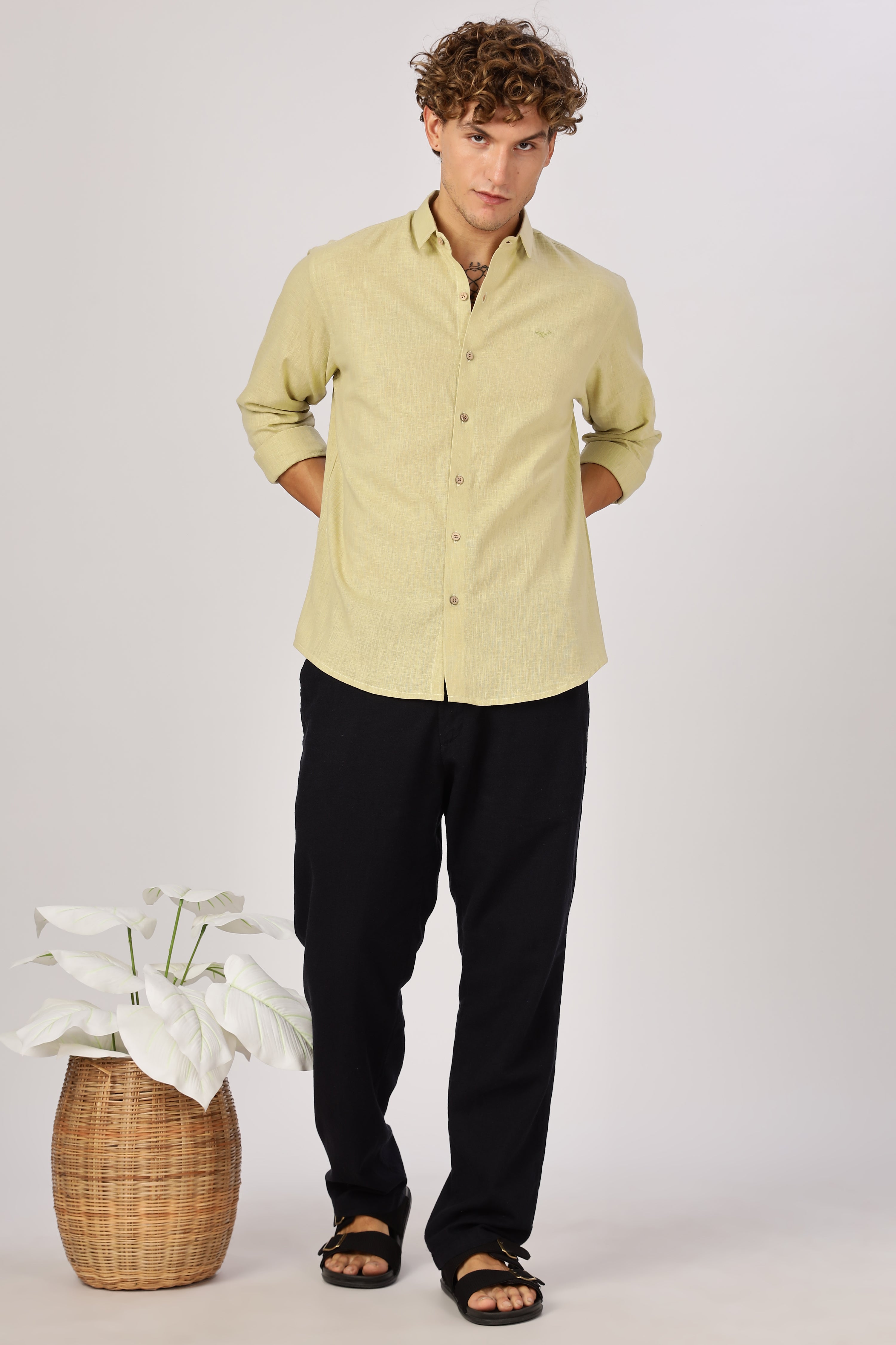 Fresh Pistachio 100% Cotton Mock-Linen Essential Shirt