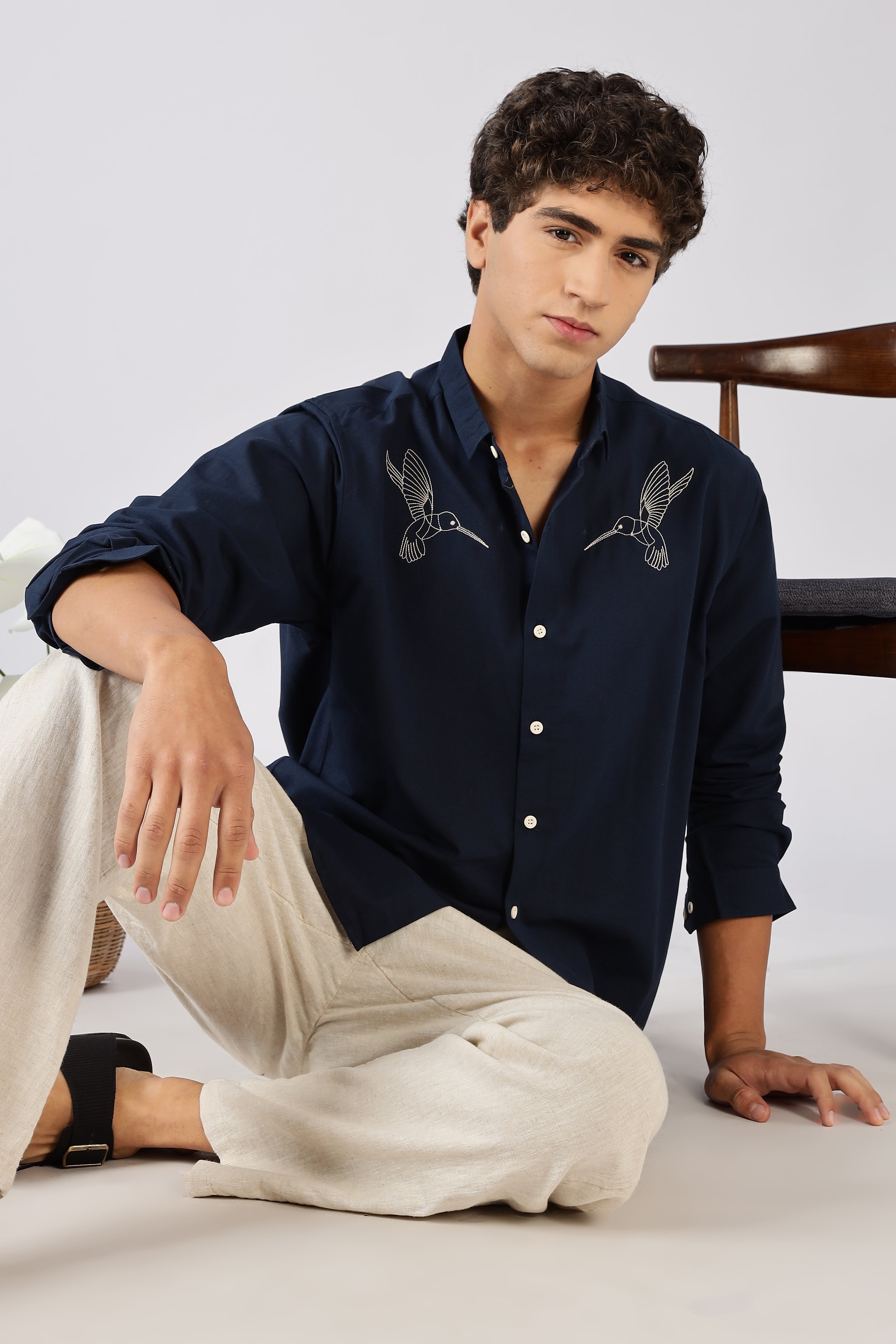 Hummingbird 100% Cotton Regular Fit Navy Embroidered Shirt