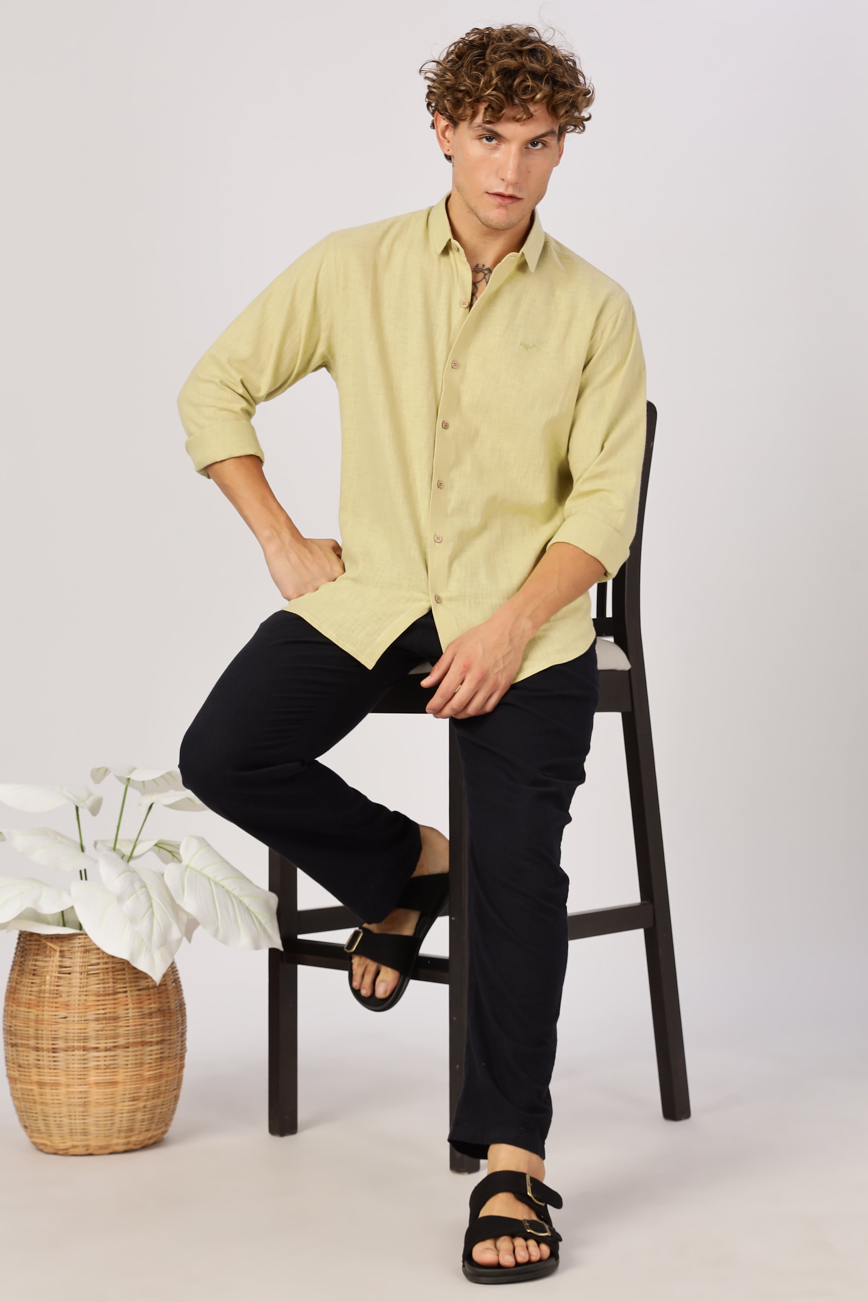 Fresh Pistachio 100% Cotton Mock-Linen Essential Shirt