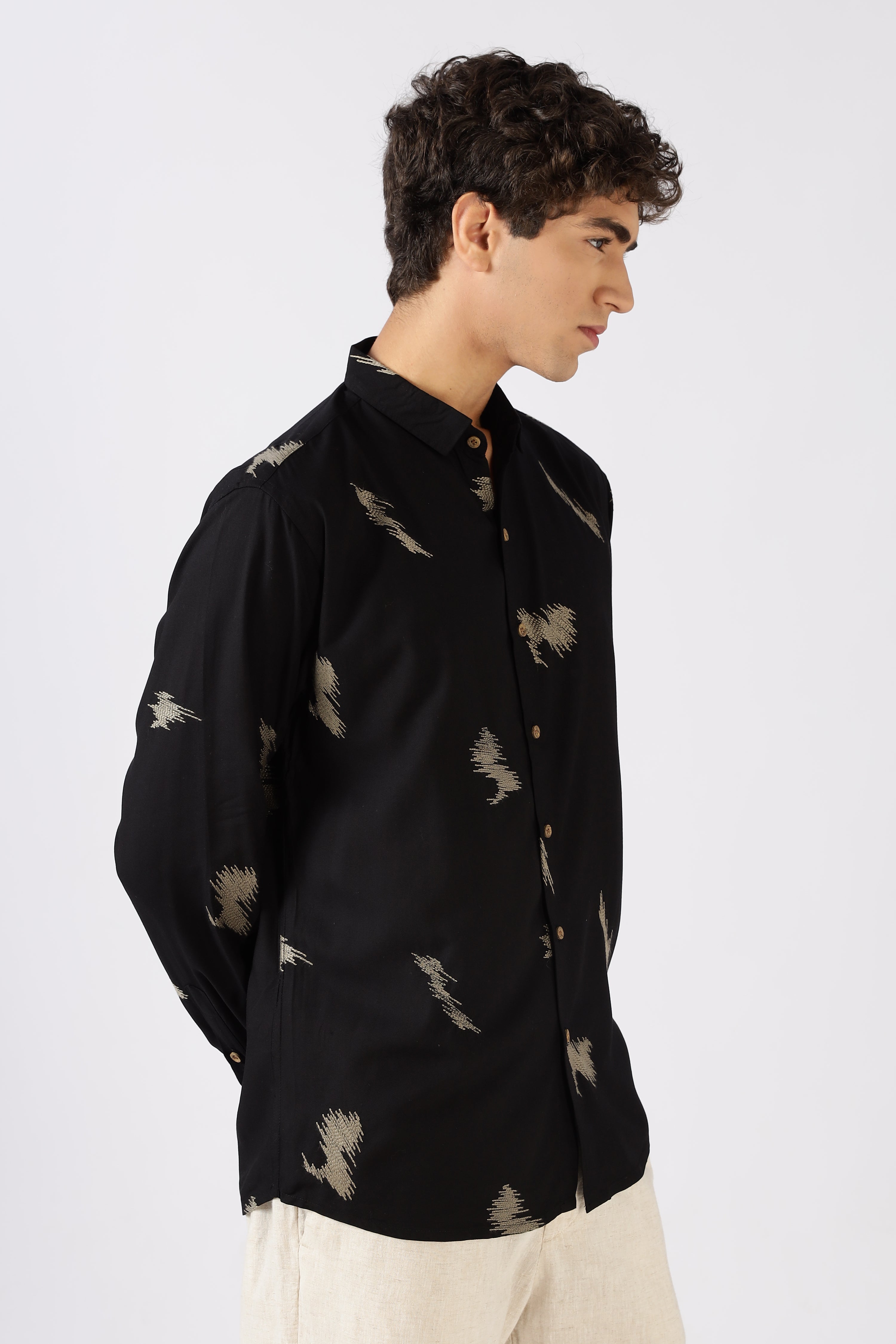 Midnight Ikat Cotton Regular Fit Black Embroidered Shirt