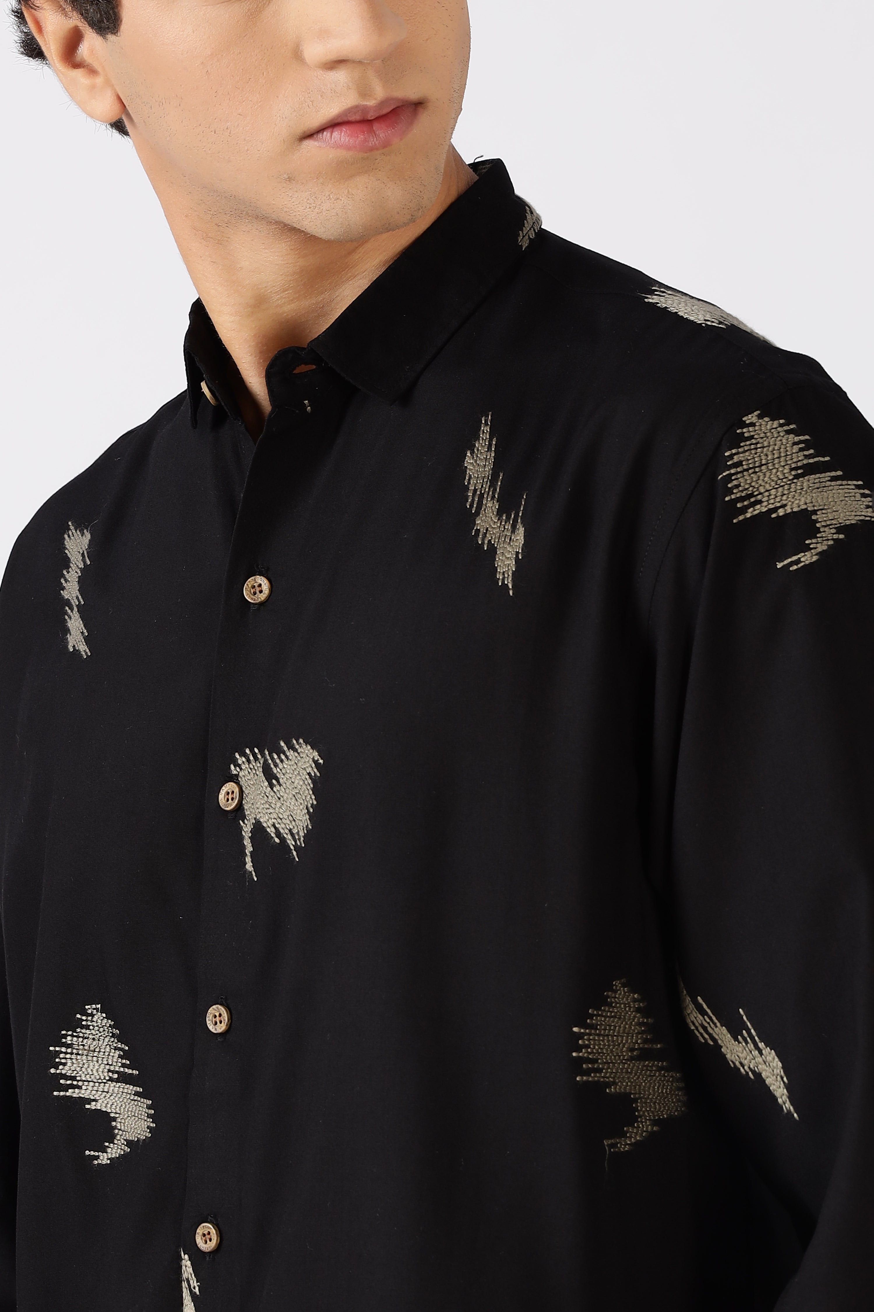 Midnight Ikat Cotton Regular Fit Black Embroidered Shirt