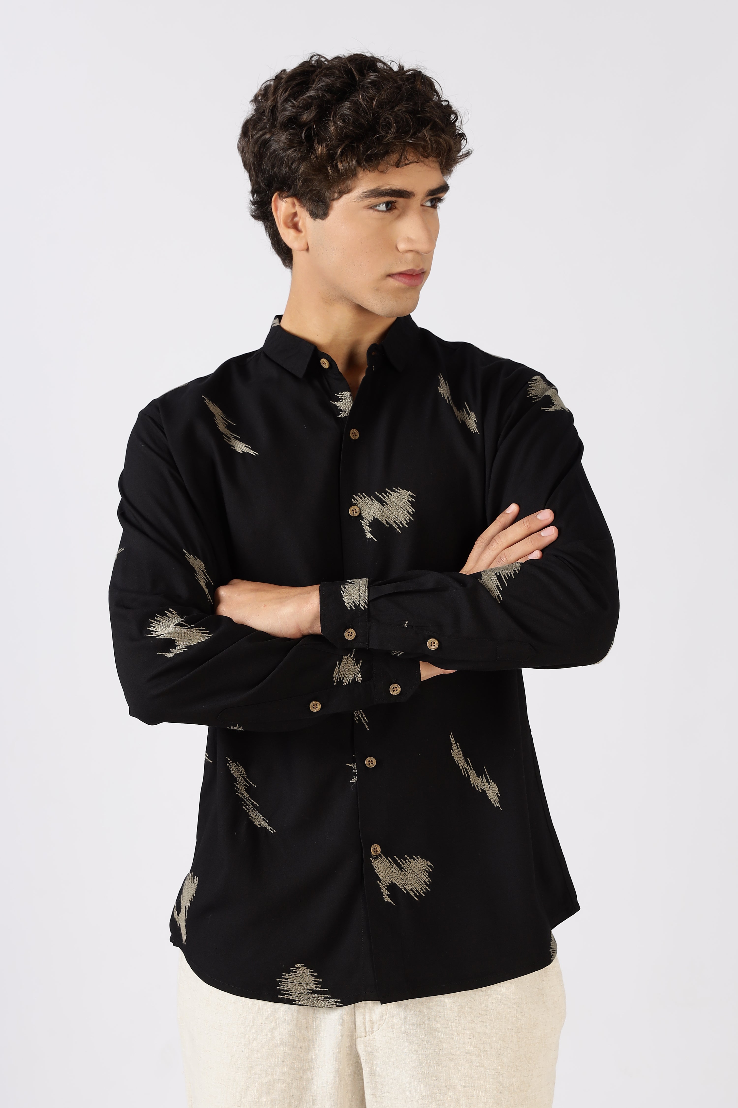 Midnight Ikat Cotton Regular Fit Black Embroidered Shirt