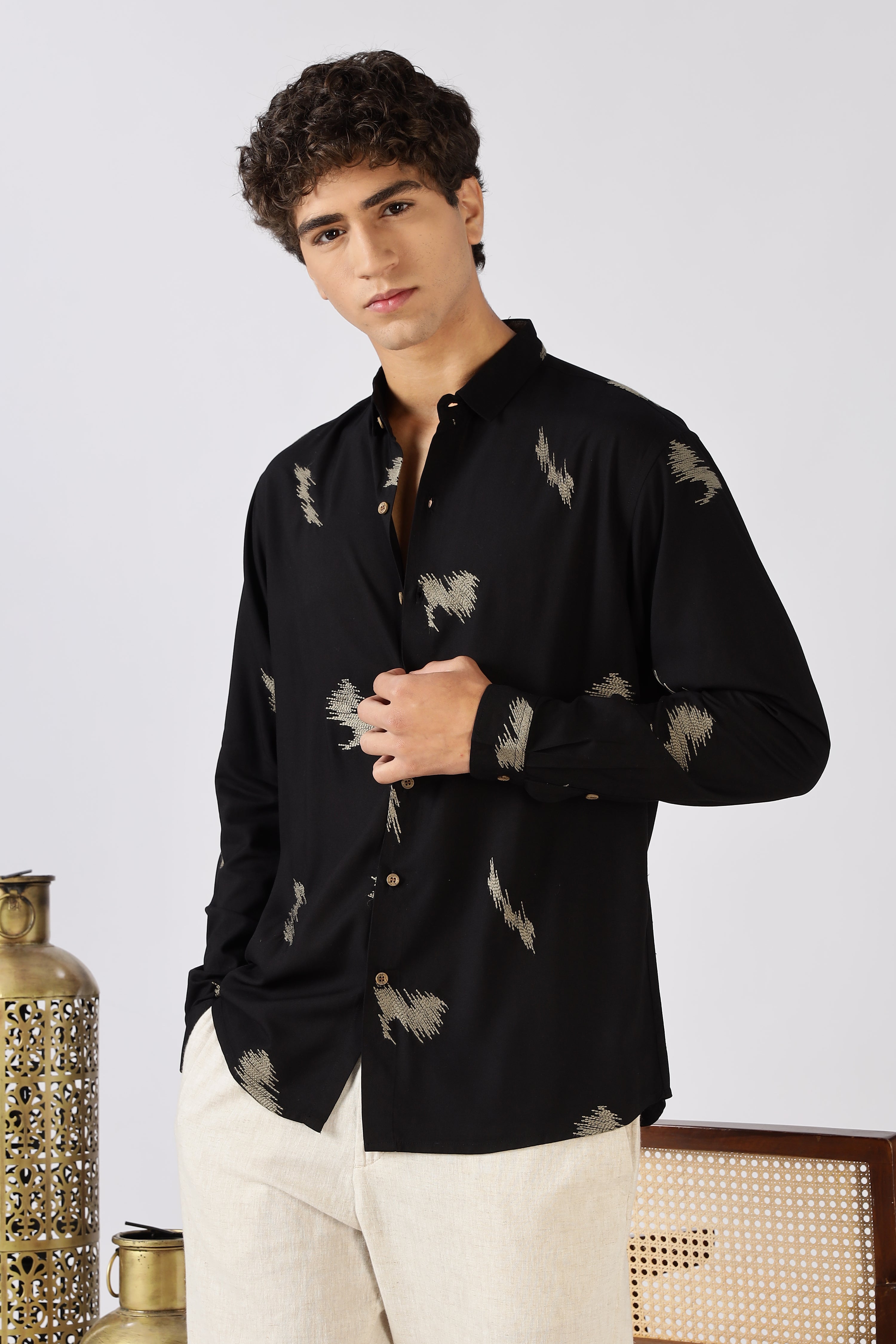 Midnight Ikat Cotton Regular Fit Black Embroidered Shirt