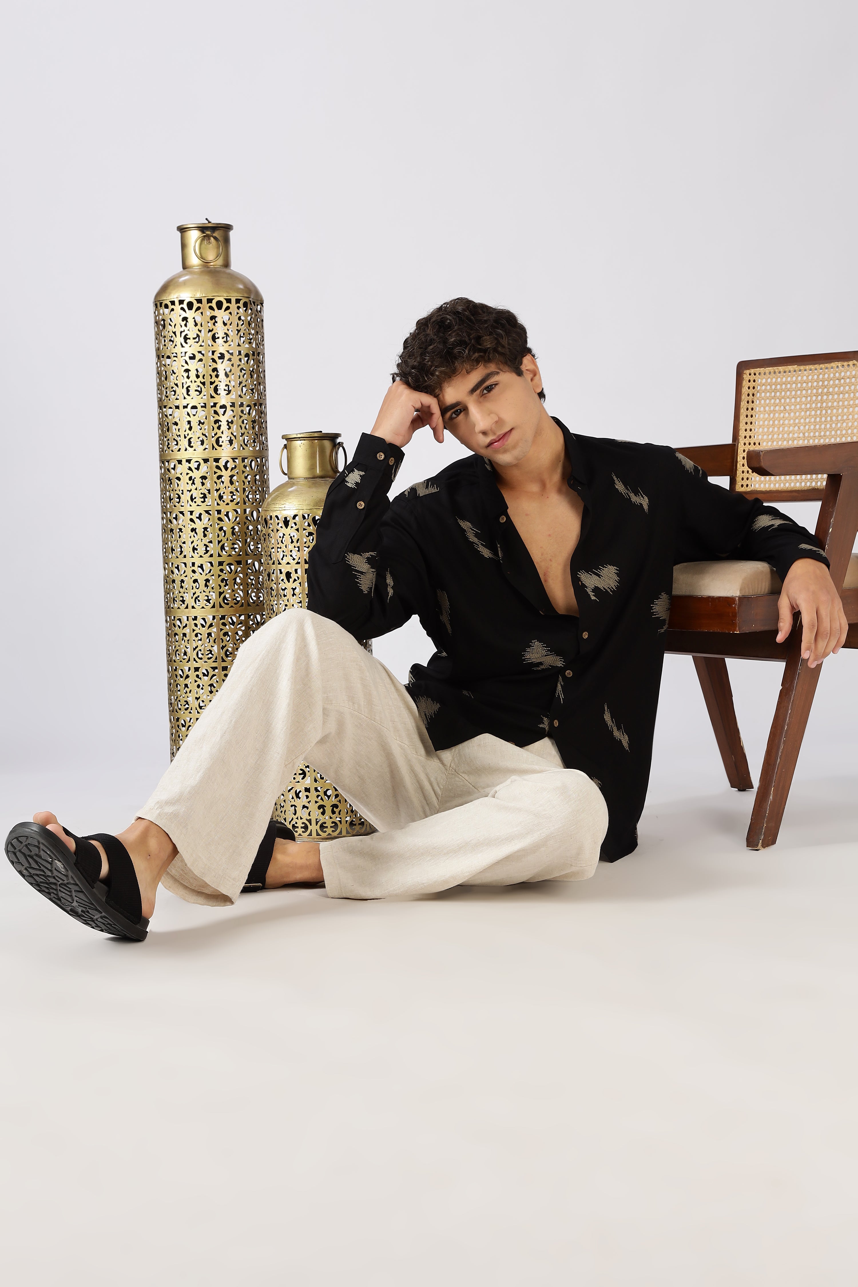 Midnight Ikat Cotton Regular Fit Black Embroidered Shirt