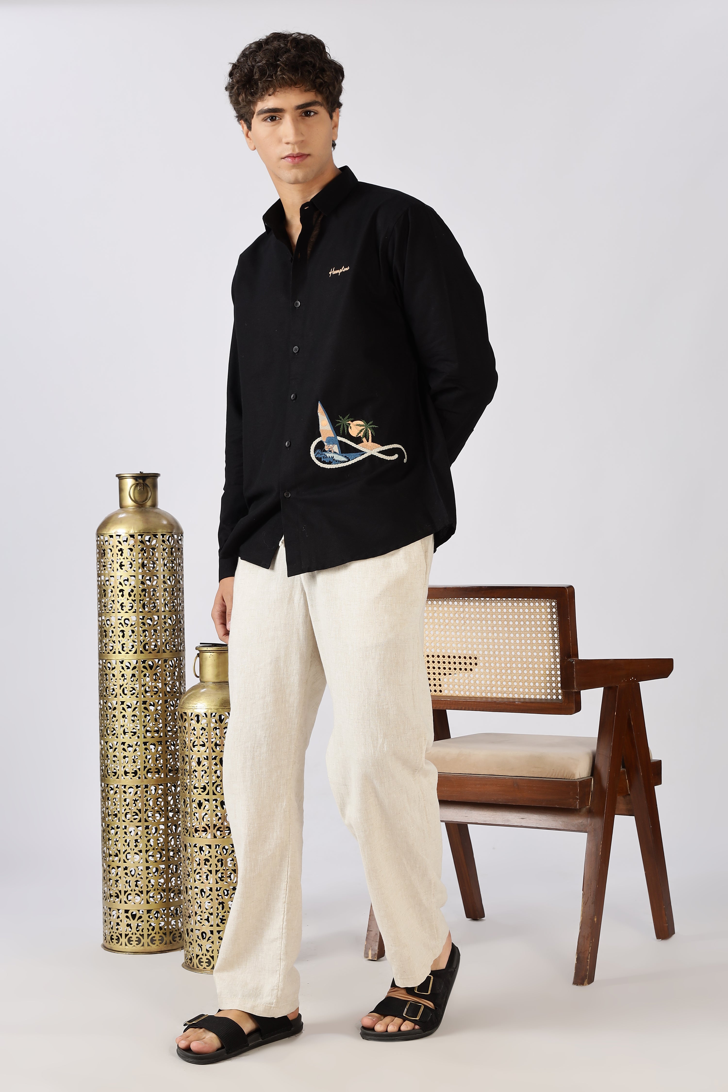 Coastal Voyage Black Embroidered Shirt