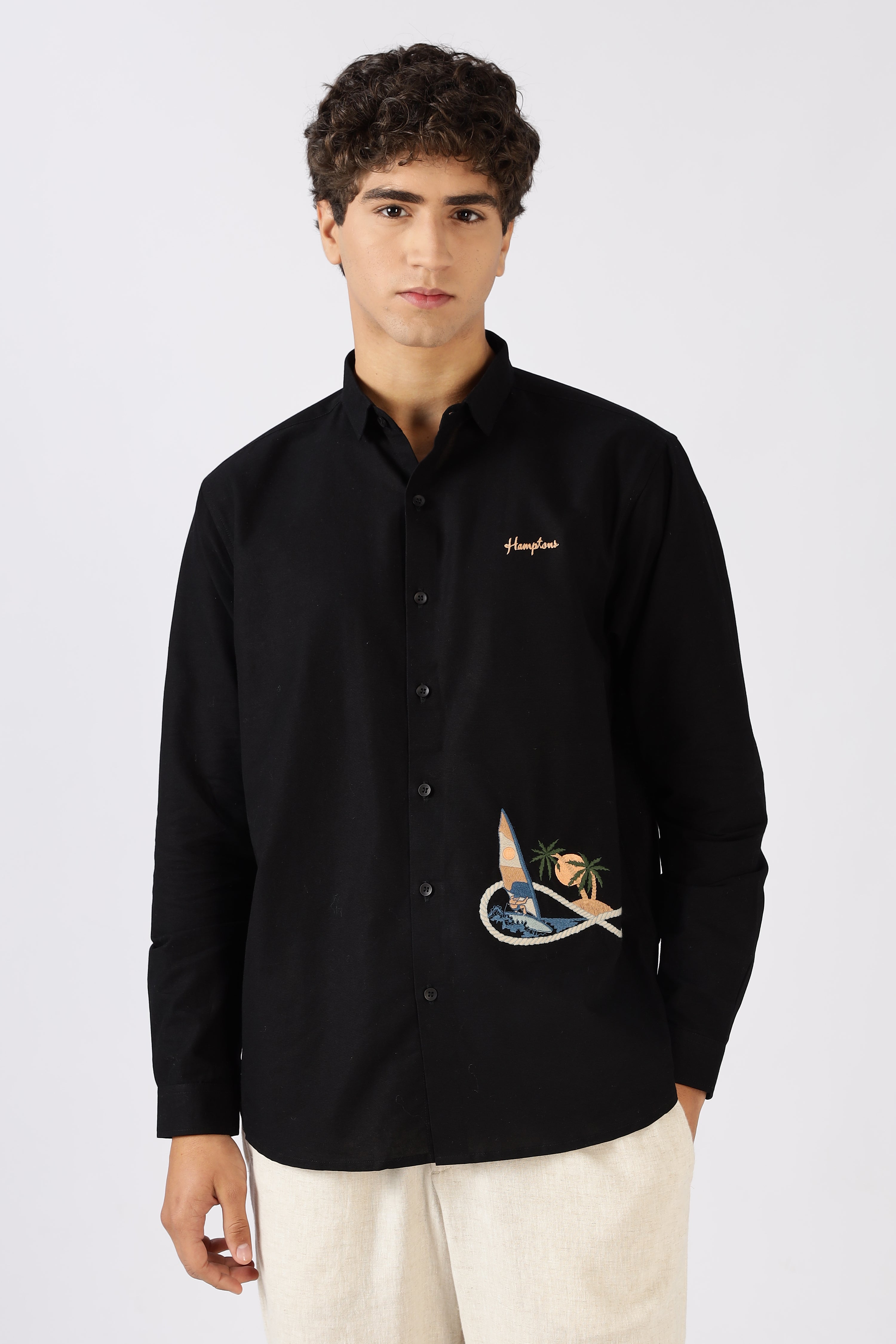 Coastal Voyage Black Embroidered Shirt